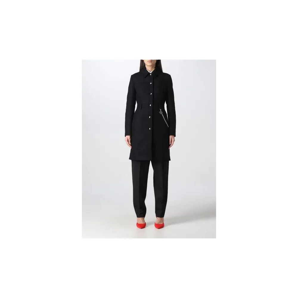 Love Moschino Women's Elegant Black Wool Coat with Silver Chain Detail