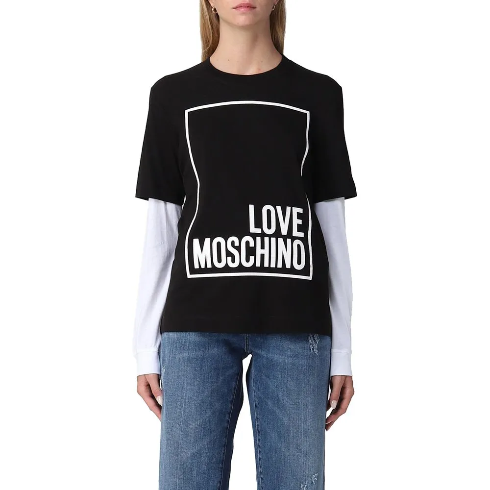 Love Moschino Women's Elegant Black Cotton Tee with Faux-Leather Logo