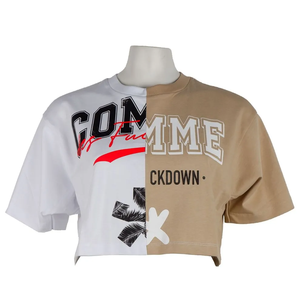 Comme Des Fuckdown Women's Beige Couture Logo Tee with Two-Tone Print