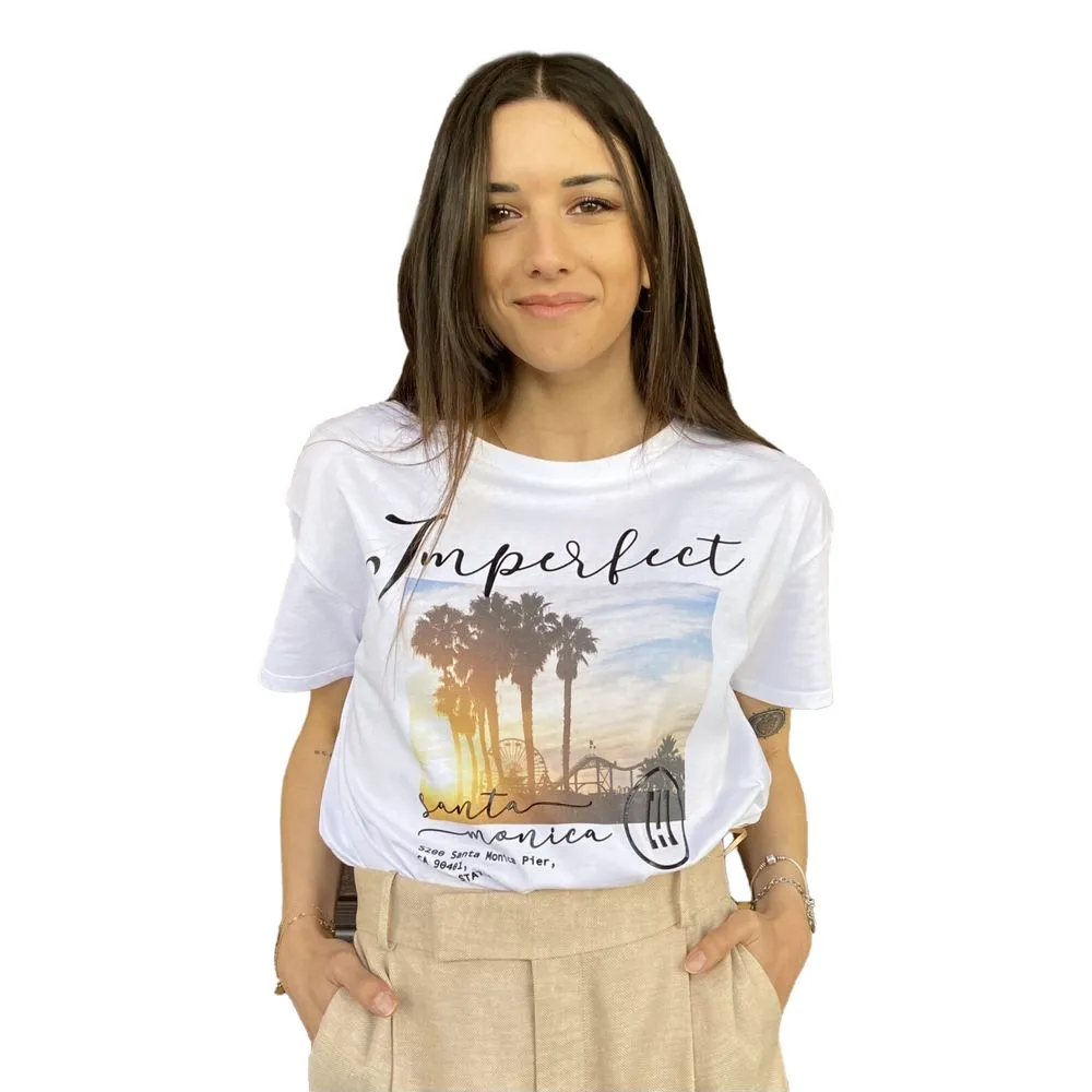 Imperfect Women's Embossed Lettering White Cotton Tee
