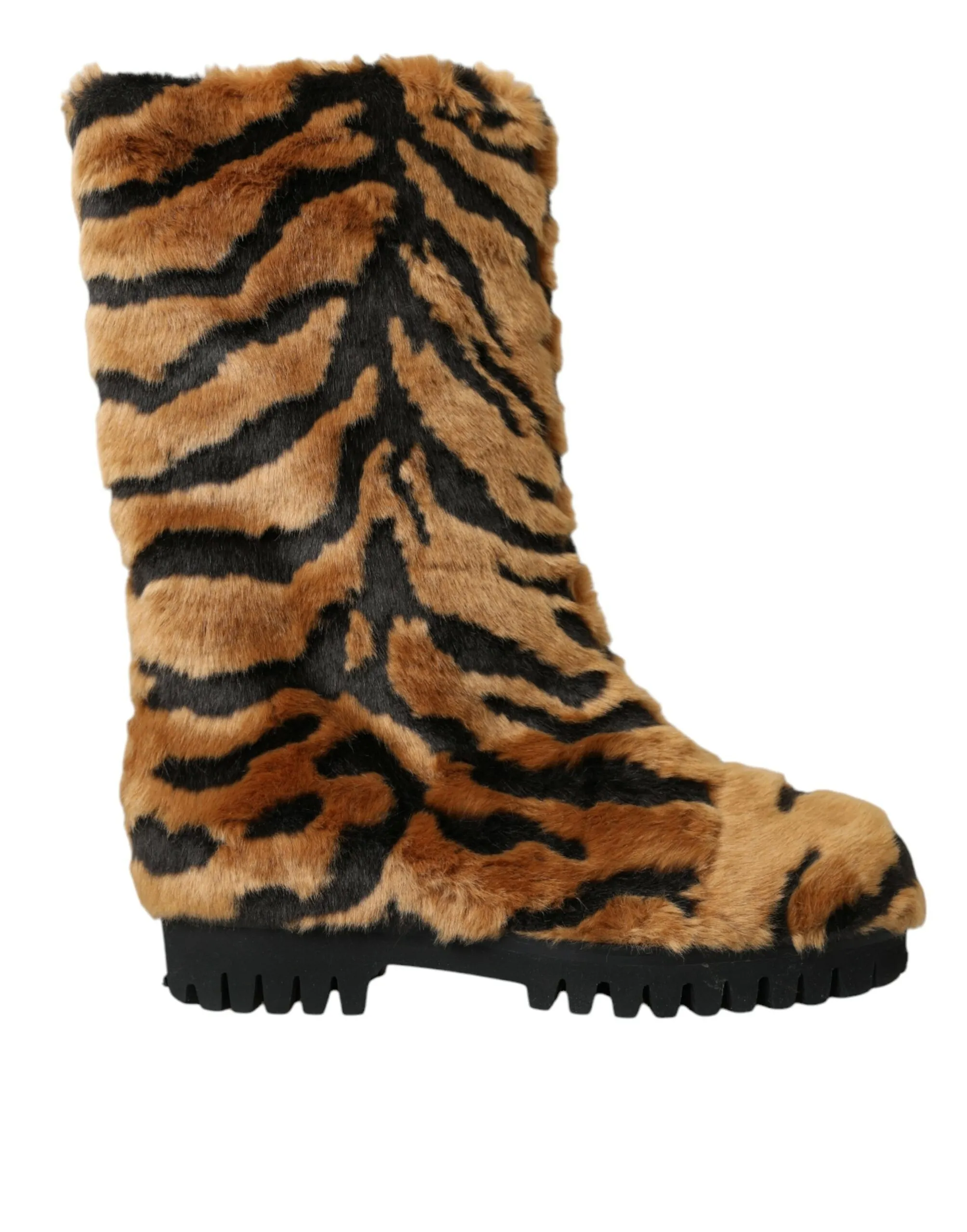 Dolce & Gabbana Women's Brown Tiger Fur Leather Mid Calf Boots Shoes
