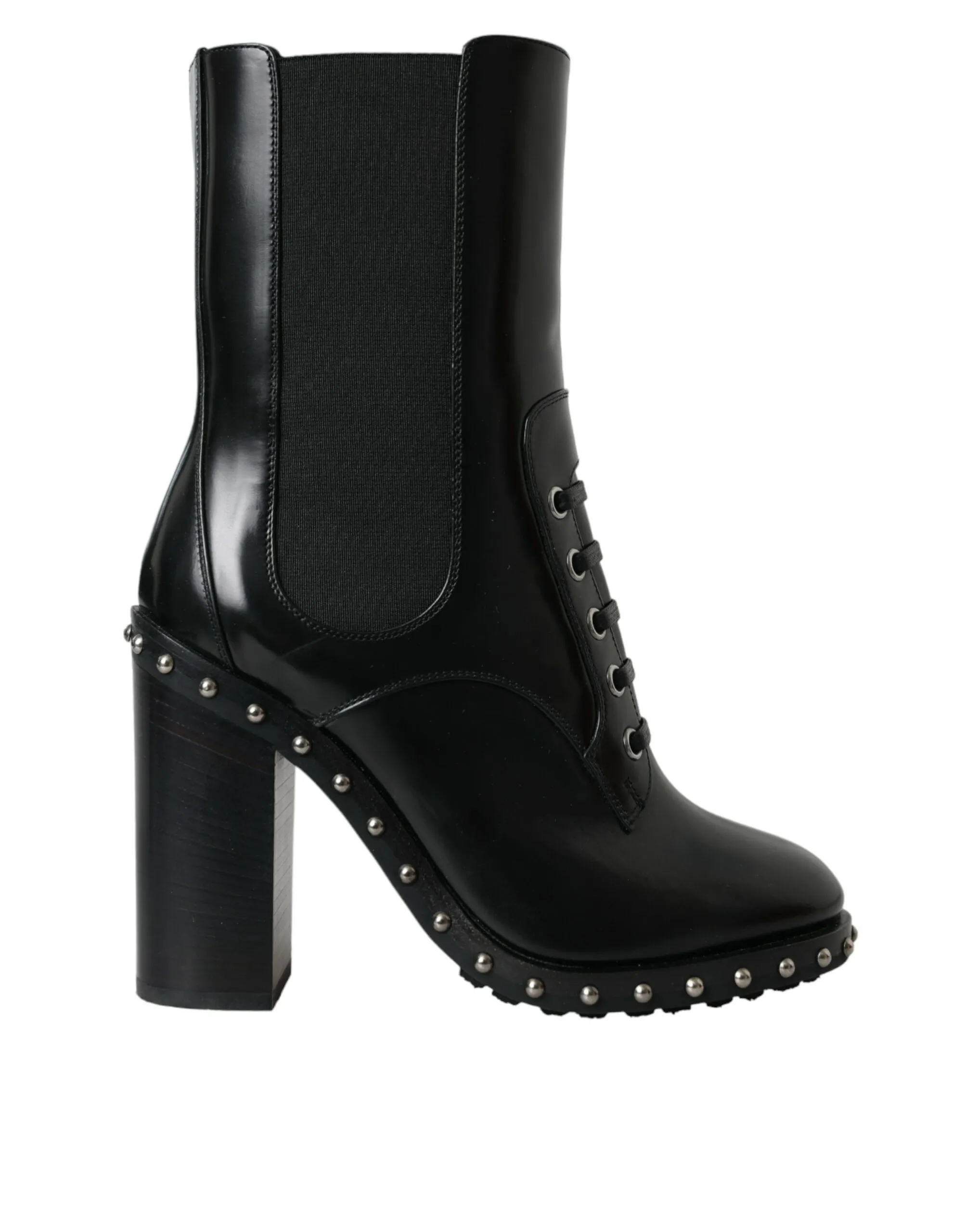 Dolce & Gabbana Women's Black Leather Studded Lace Up Boots Shoes