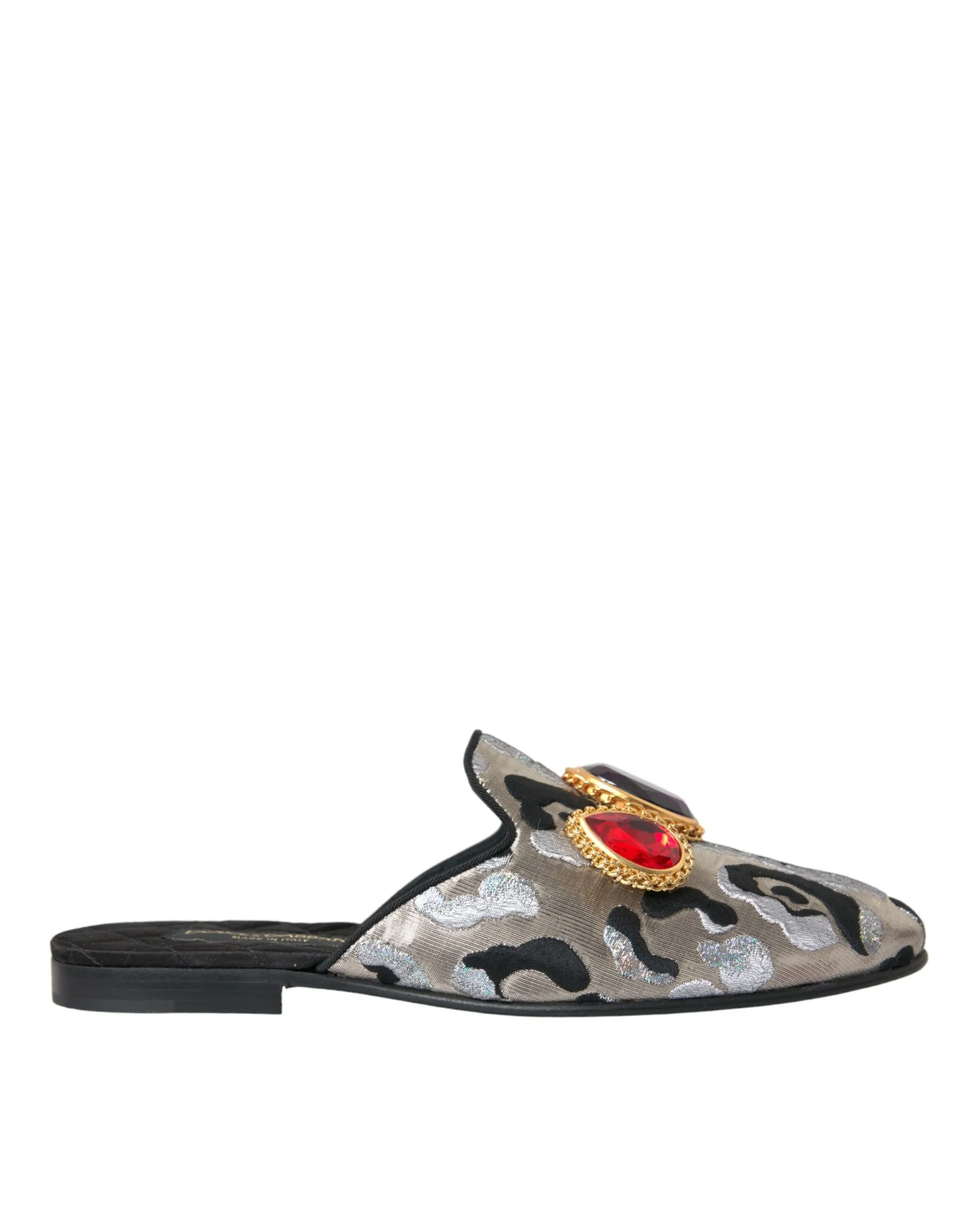 Dolce & Gabbana Women's Gray Jacquard Crystal Mule Flat Sandals Shoes
