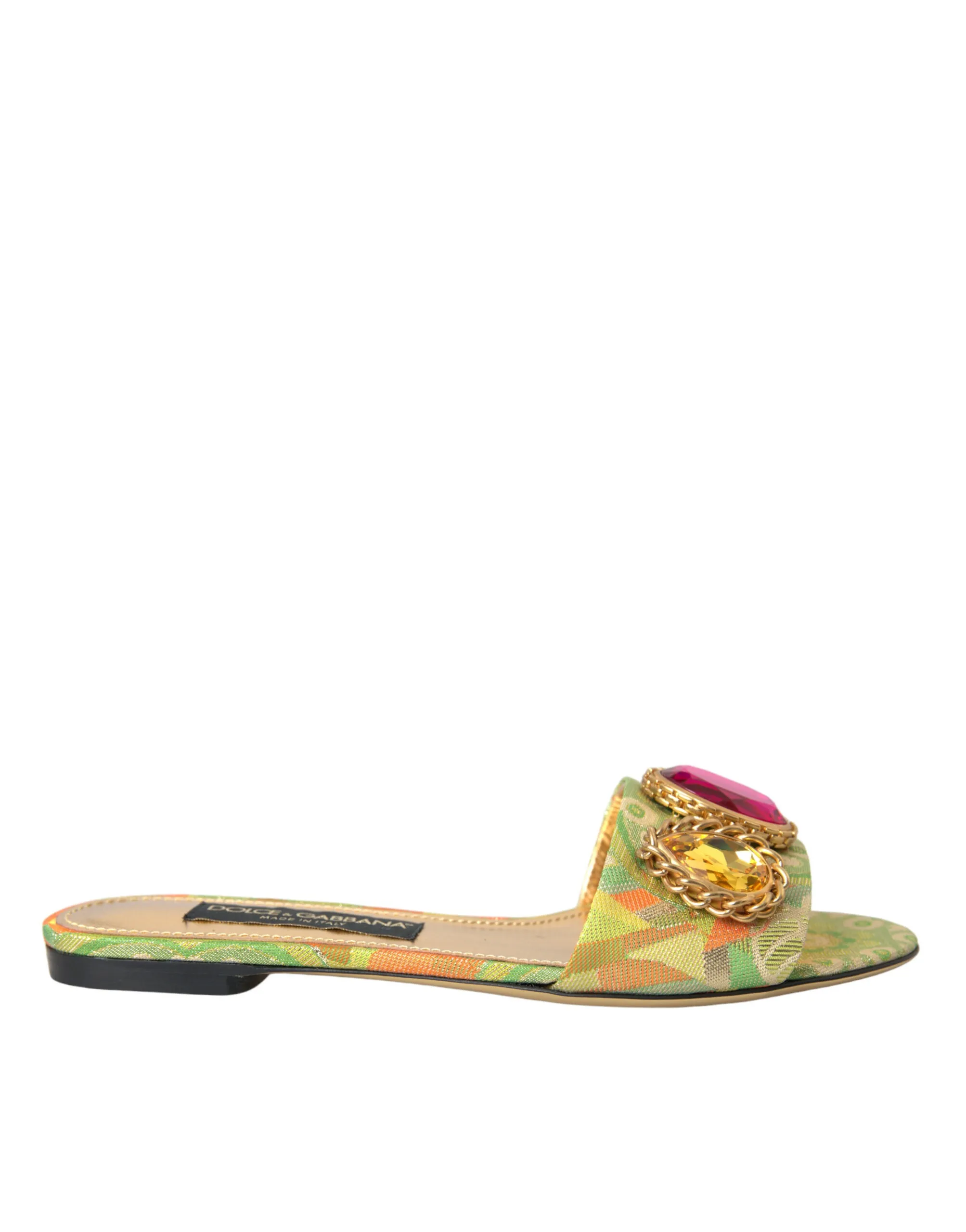 Dolce & Gabbana Women's Green Crystal Jacquard Flats Sandals Shoes