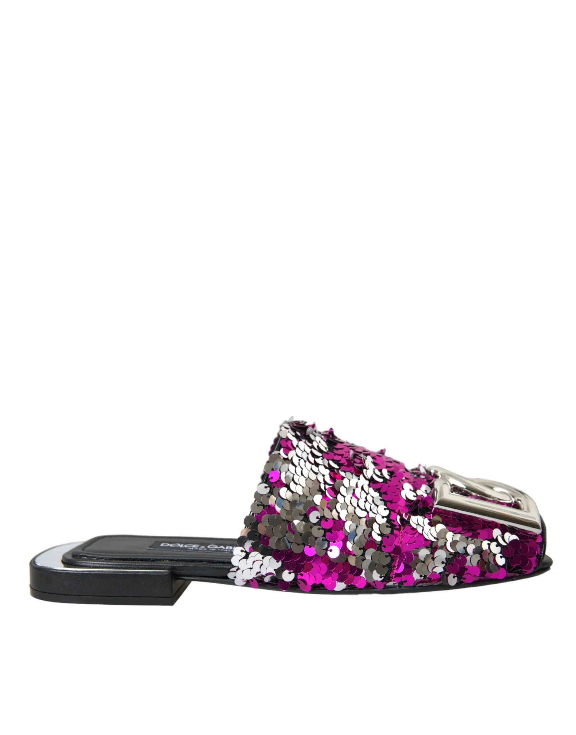 Dolce & Gabbana Women's Fuchsia Sequin Logo Slides Sandals Shoes