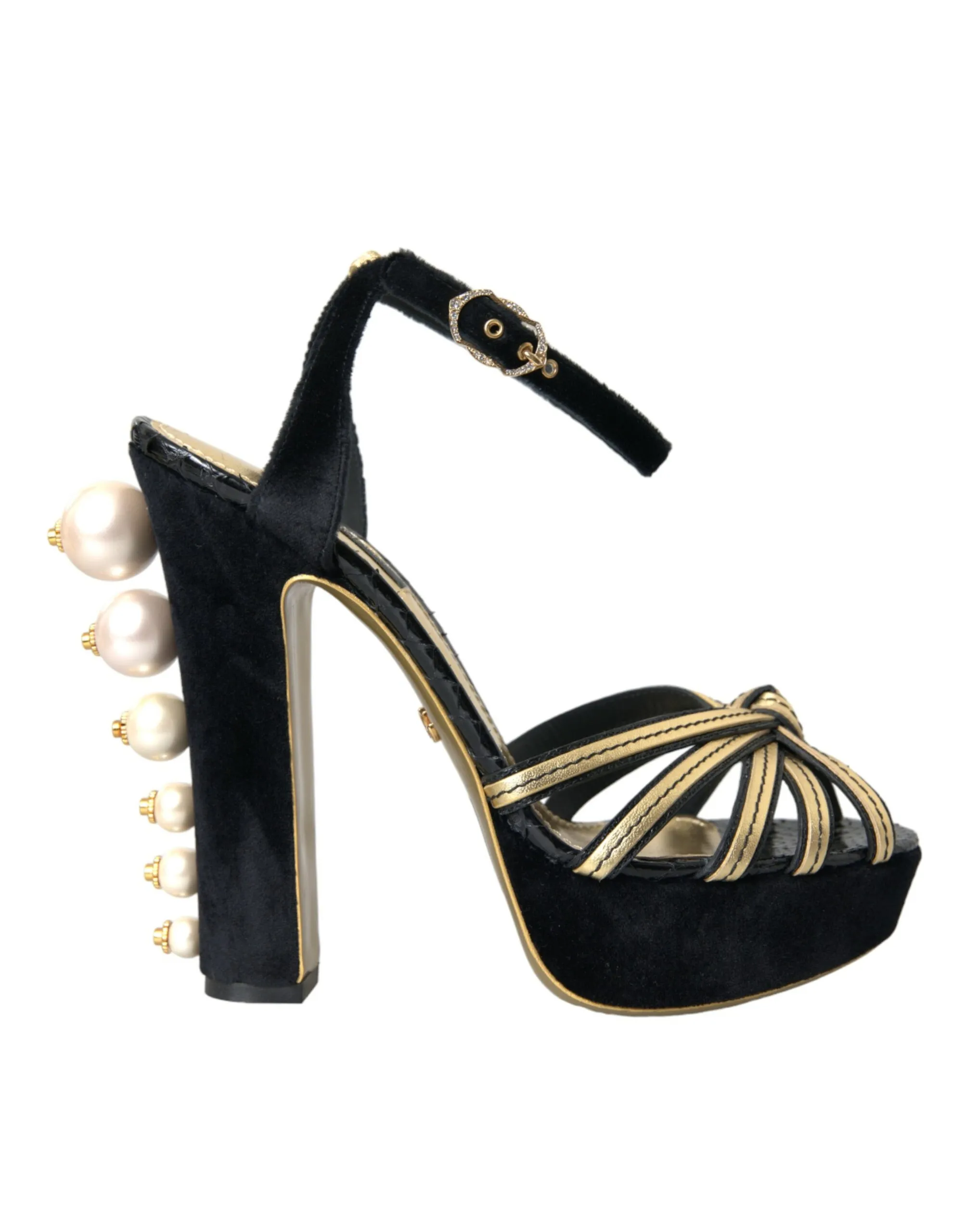 Dolce & Gabbana Women's Black Gold Embellished Heels Sandals Shoes