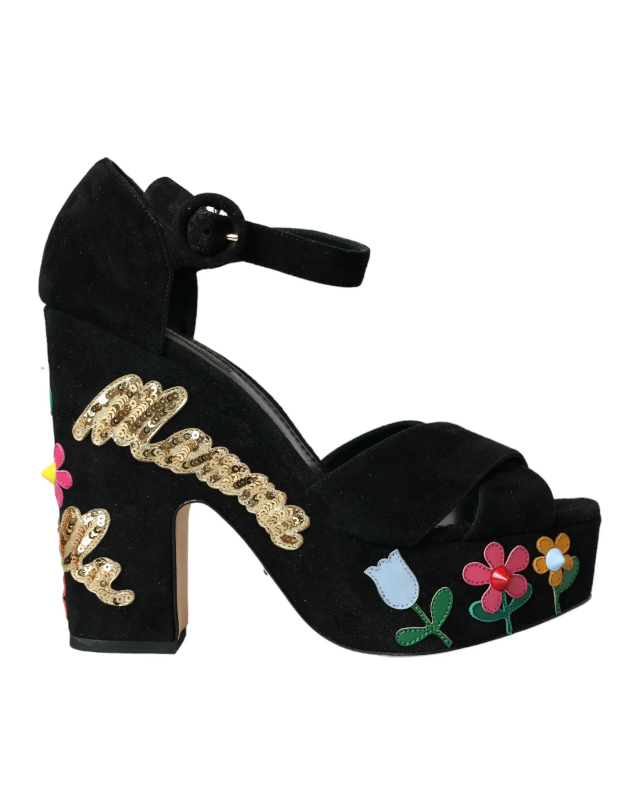 Dolce & Gabbana Women's Black Floral Ankle Strap Heels Sandals Shoes