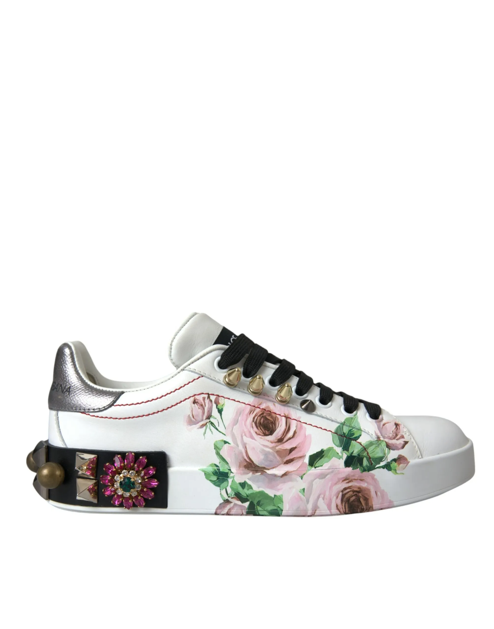 Dolce & Gabbana Women's White Leather Crystal Roses Floral Sneakers Shoes