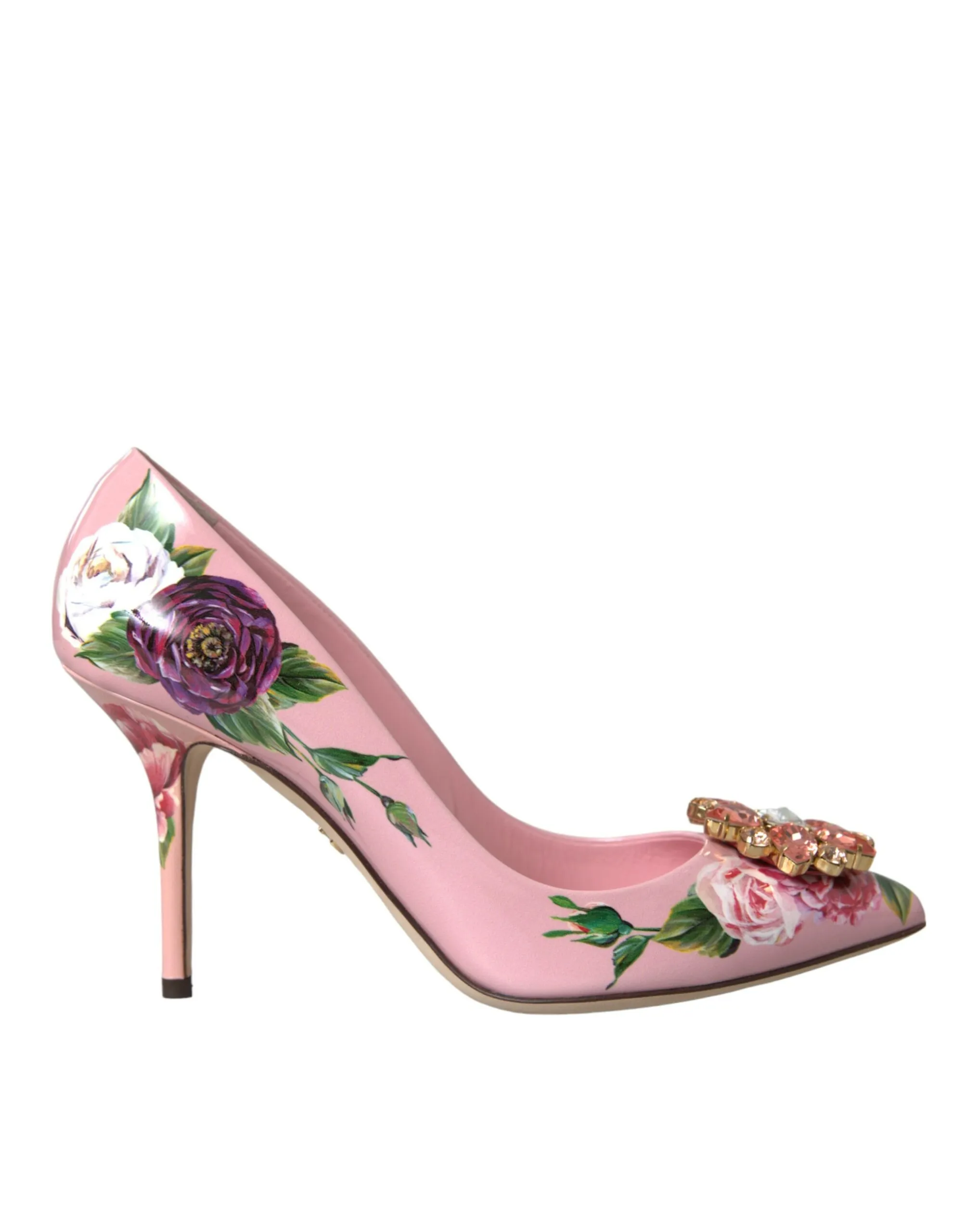 Dolce & Gabbana Women's Pink Floral Leather Crystal Heels Pumps Shoes