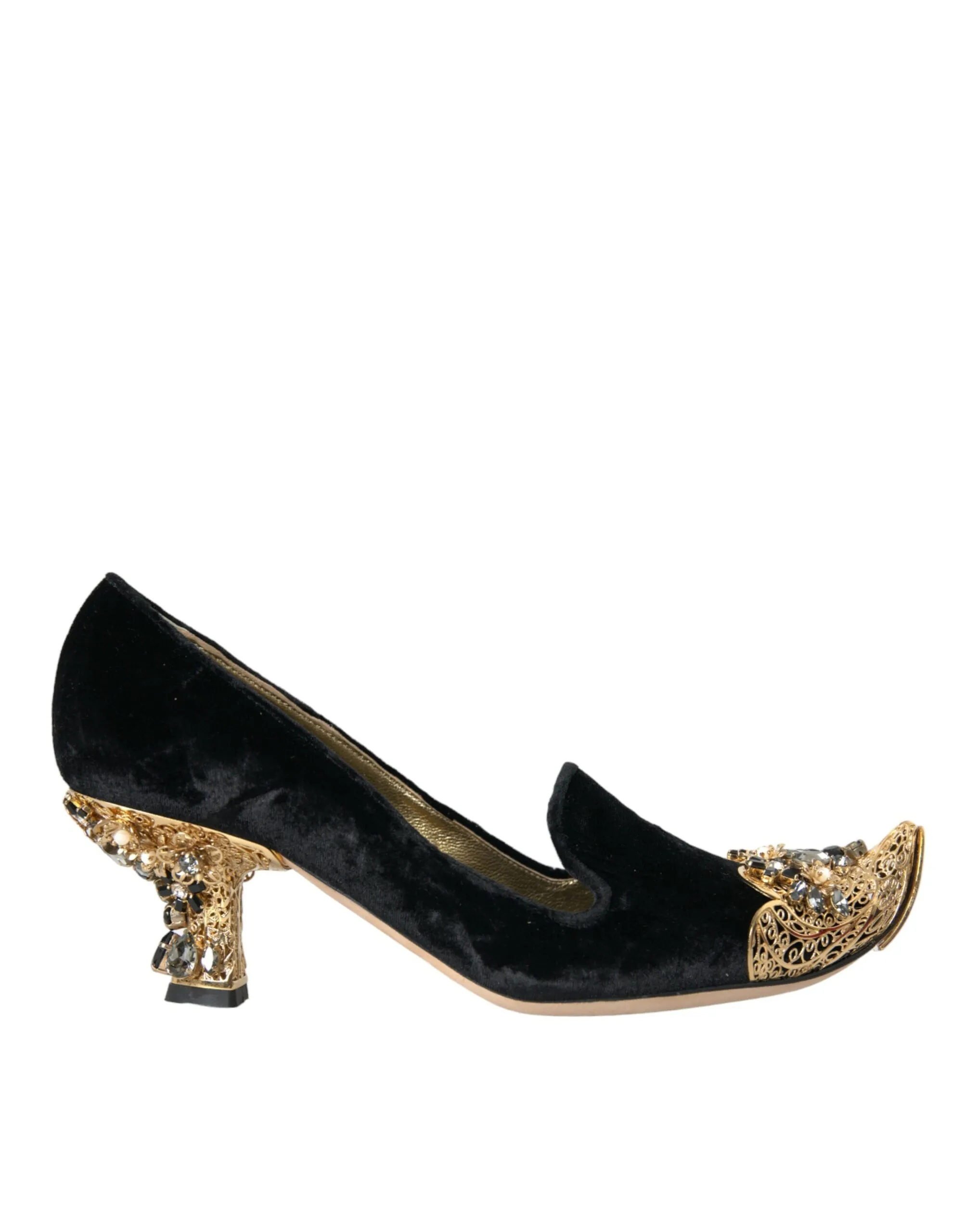 Dolce & Gabbana Women's Black Velvet Embellished Heels Pumps Shoes