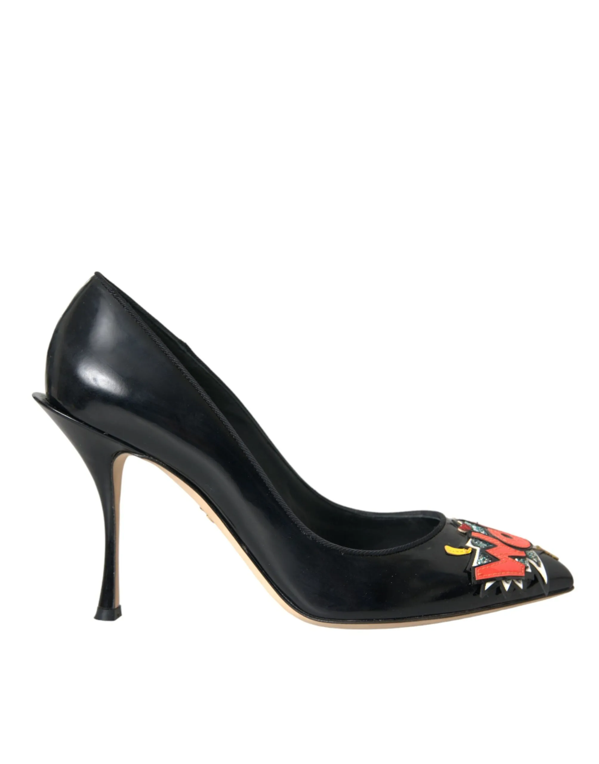 Dolce & Gabbana Women's Black Leather WOW Patch Heels Pumps Shoes