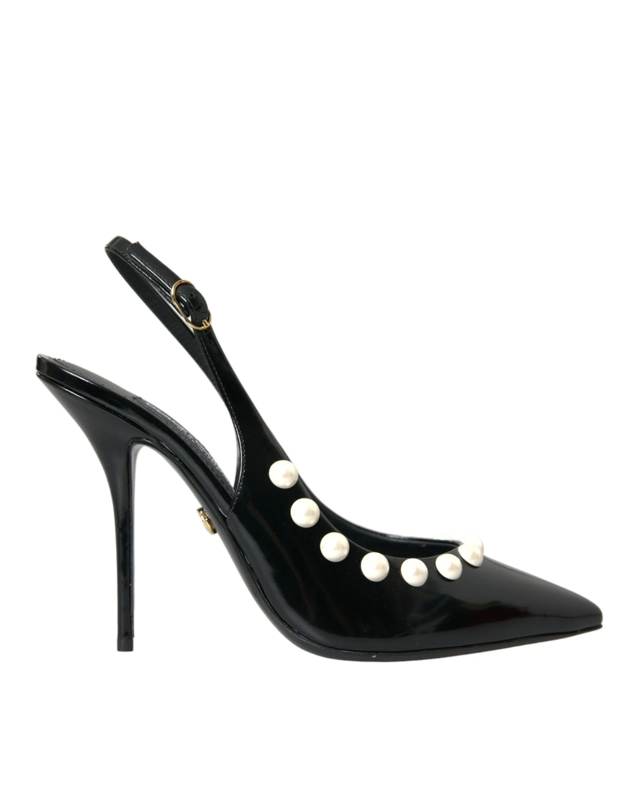 Dolce & Gabbana Women's Black Leather Faux Pearl Heel Slingback Shoes
