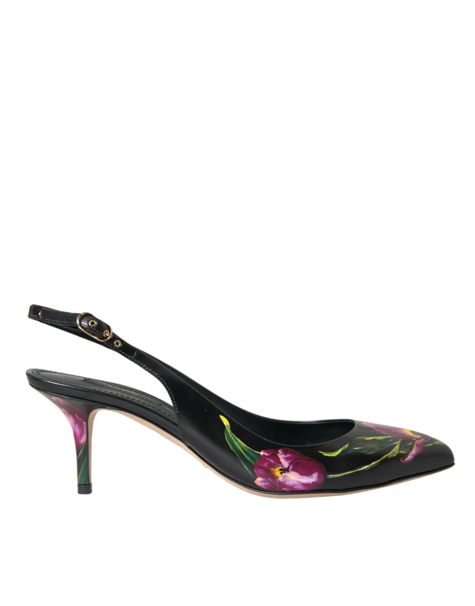 Dolce & Gabbana Women's Black Floral Leather Heels Slingback Shoes