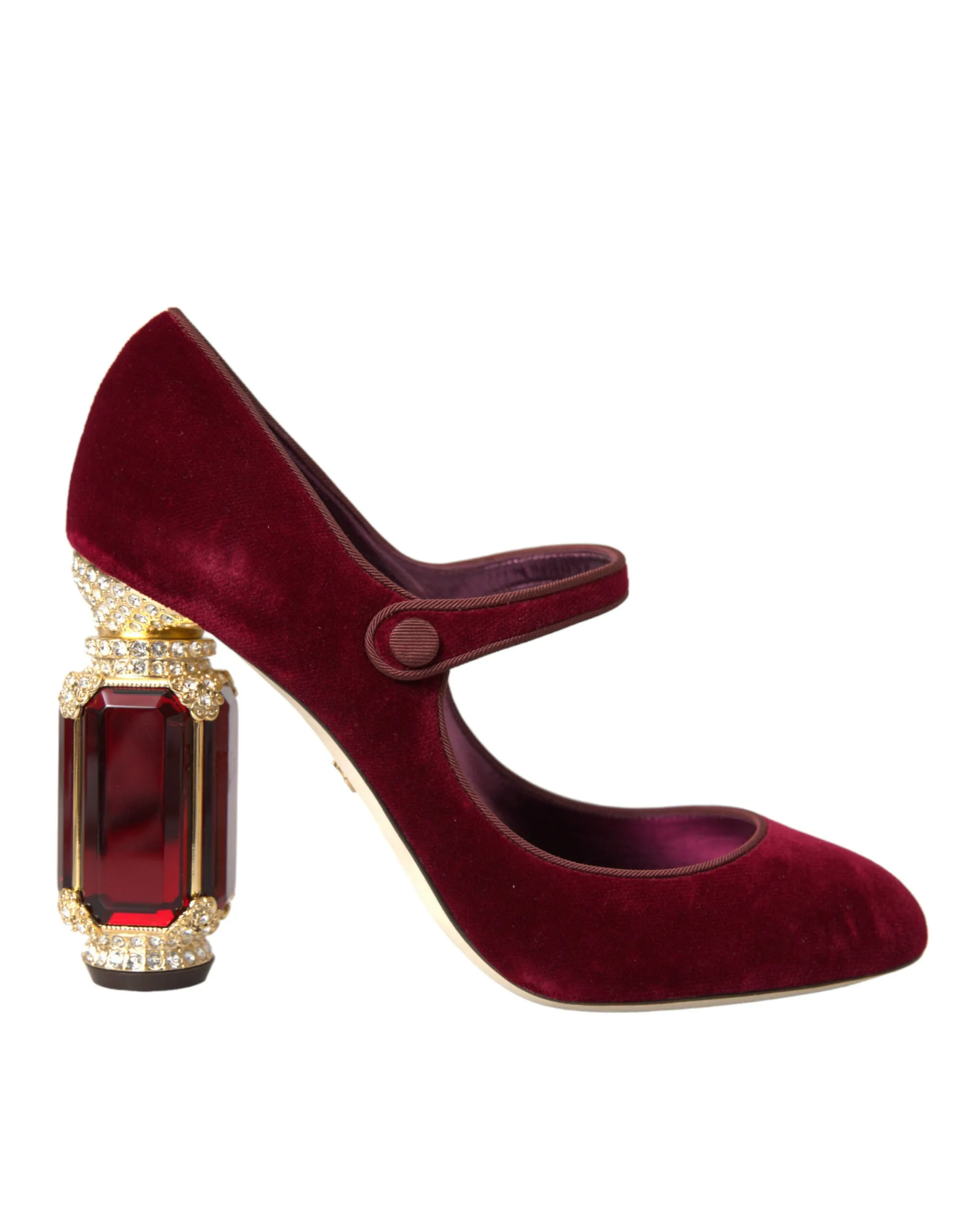 Dolce & Gabbana Women's Red Velvet Gold Crystals Heels Mary Jane Shoes