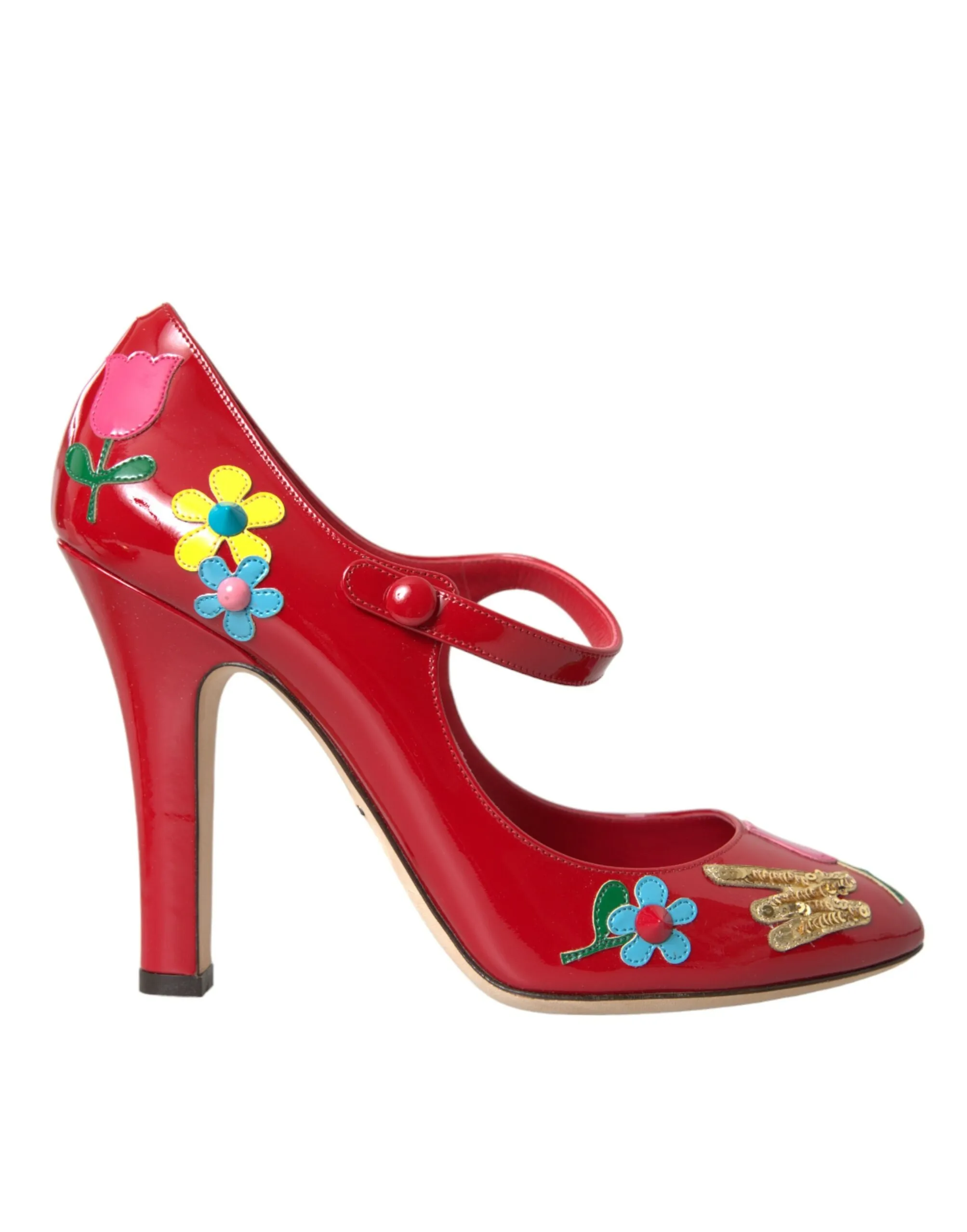 Dolce & Gabbana Women's Red Leather Embellished Mary Jane Pumps Heels Shoes