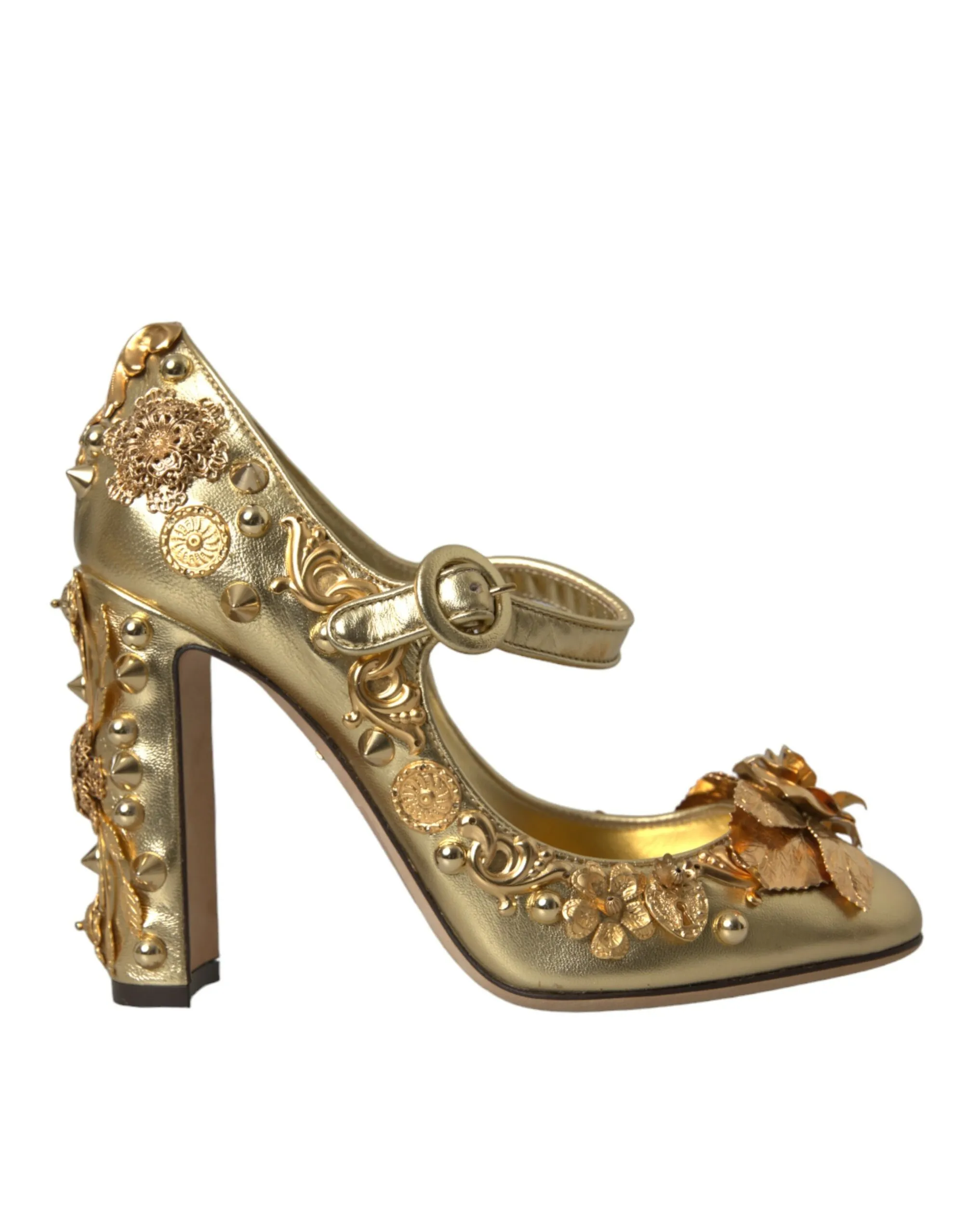 Dolce & Gabbana Women's Gold Leather Crystal Mary Janes Pumps Shoes