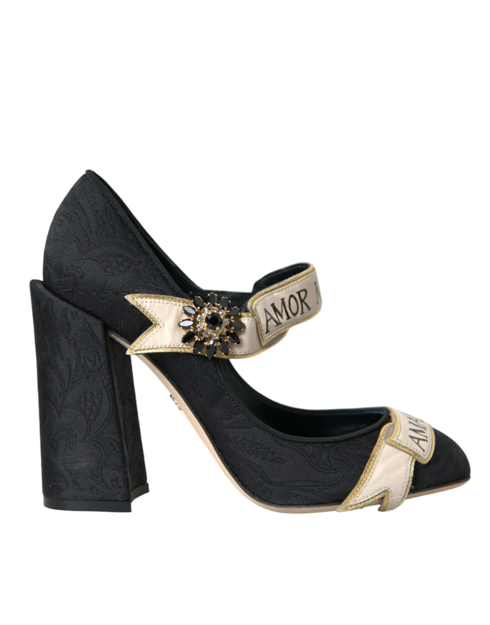 Dolce & Gabbana Women's Black Brocade Mary Janes Crystal Pumps Shoes