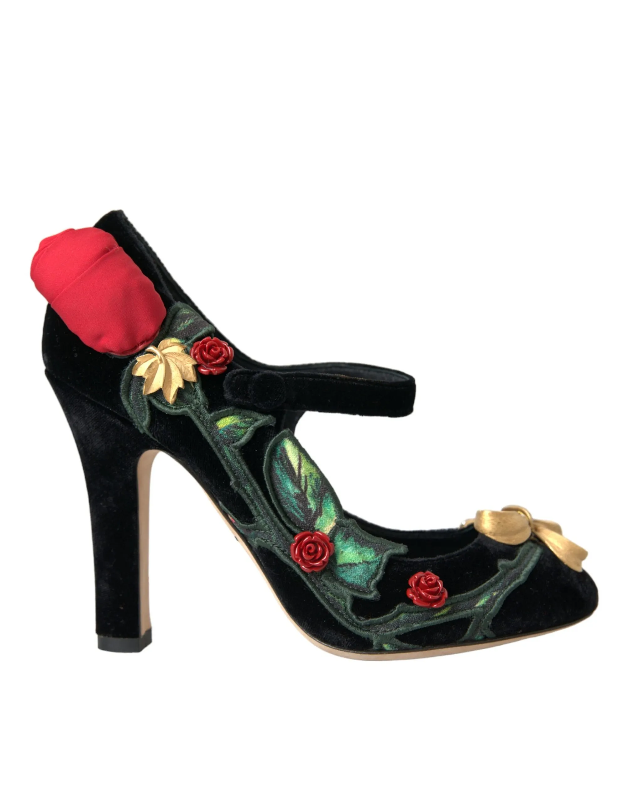 Dolce & Gabbana Women's Black Roses Crystal Brooch Mary Jane Shoes