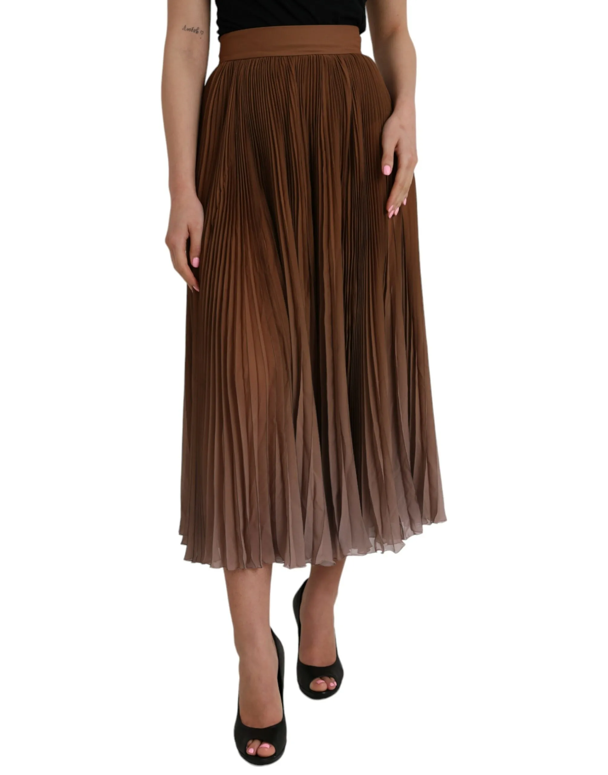 Dolce & Gabbana Women's Brown Polyester Pleated High Waist Midi Skirt