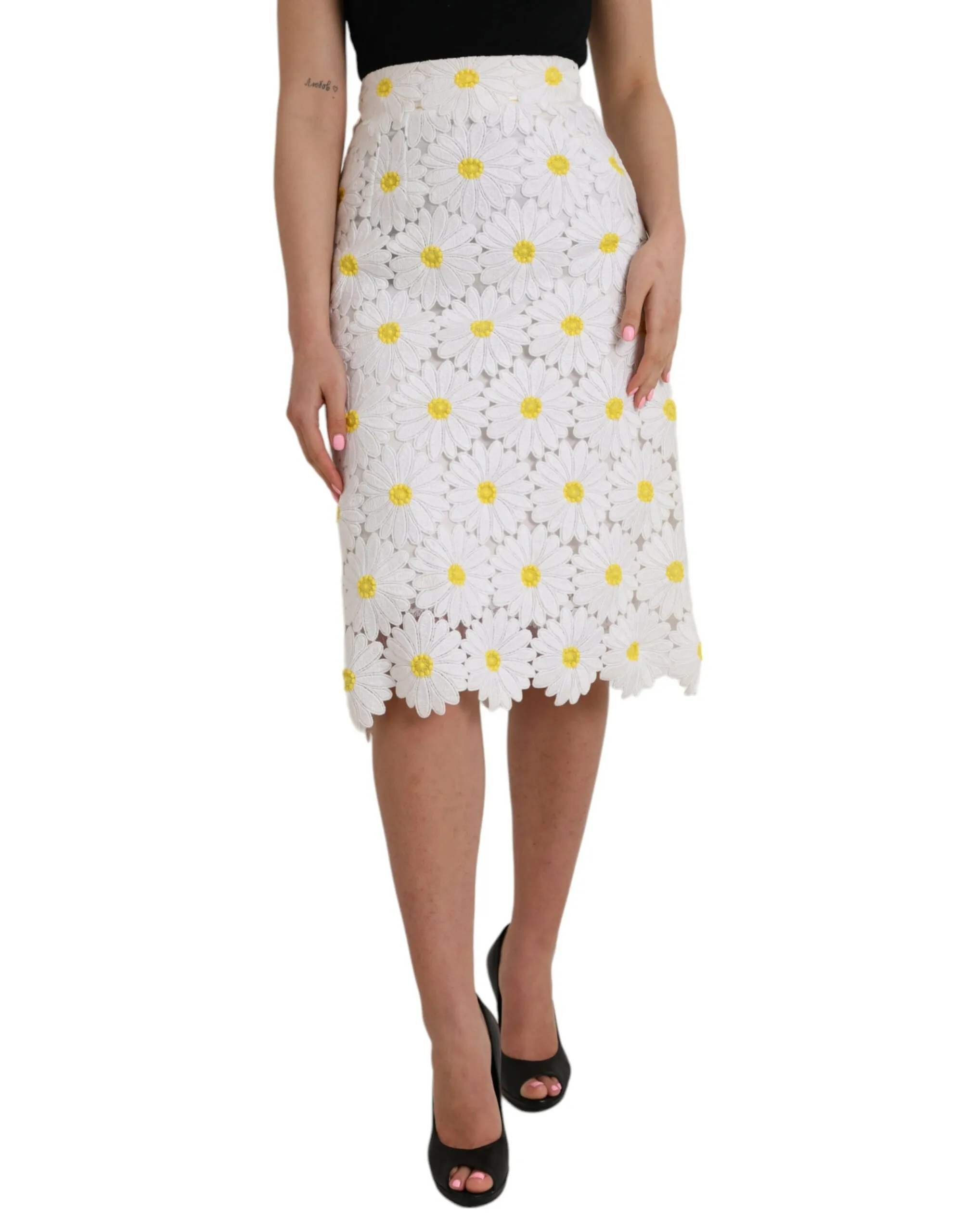 Dolce & Gabbana Women's White Floral Pencil Straight Lace Skirt