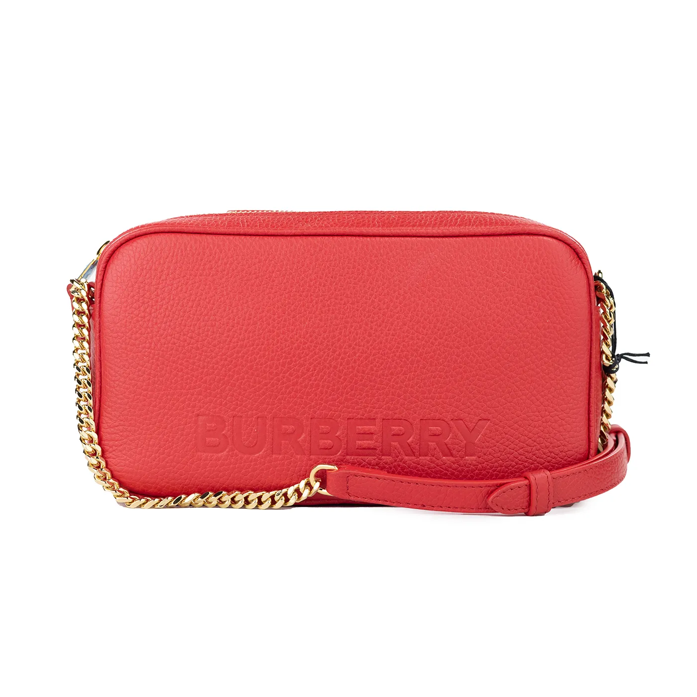 Burberry Women's Small Red Pebbled Leather Elongated Camera Crossbody Bag Purse