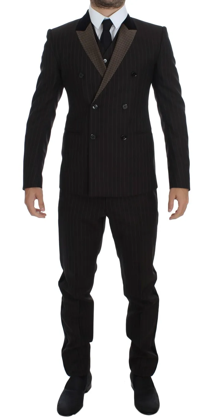 Dolce & Gabbana Men's Elegant Brown Striped Three-Piece Tuxedo