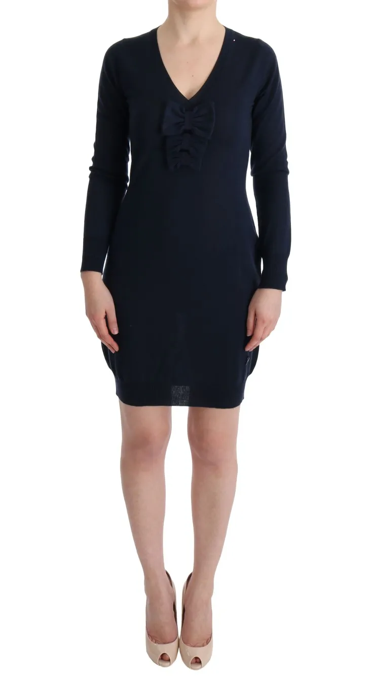 MARGHI LO' Women's Elegant Over Knee Blue Wool Dress