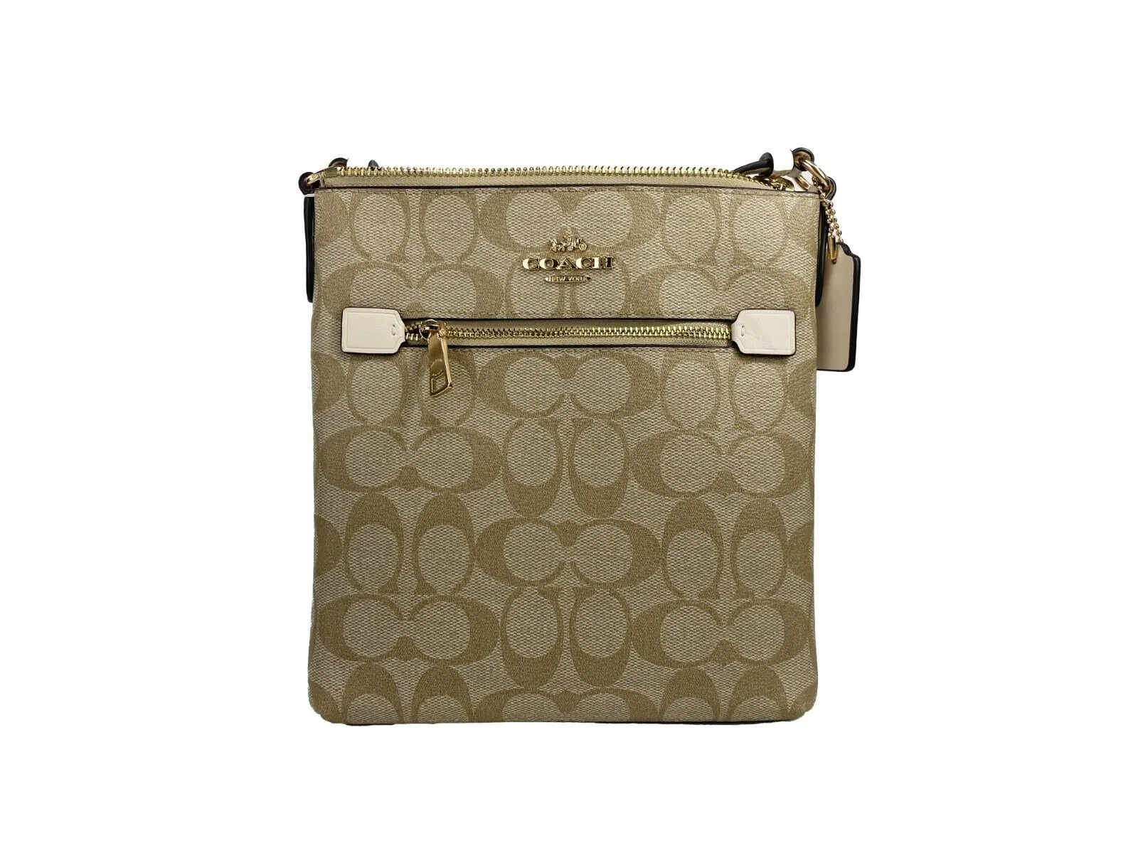 COACH Women's Rowan Mini Crossgrain Leather File Crossbody Bag Light Khaki Chalk CF340
