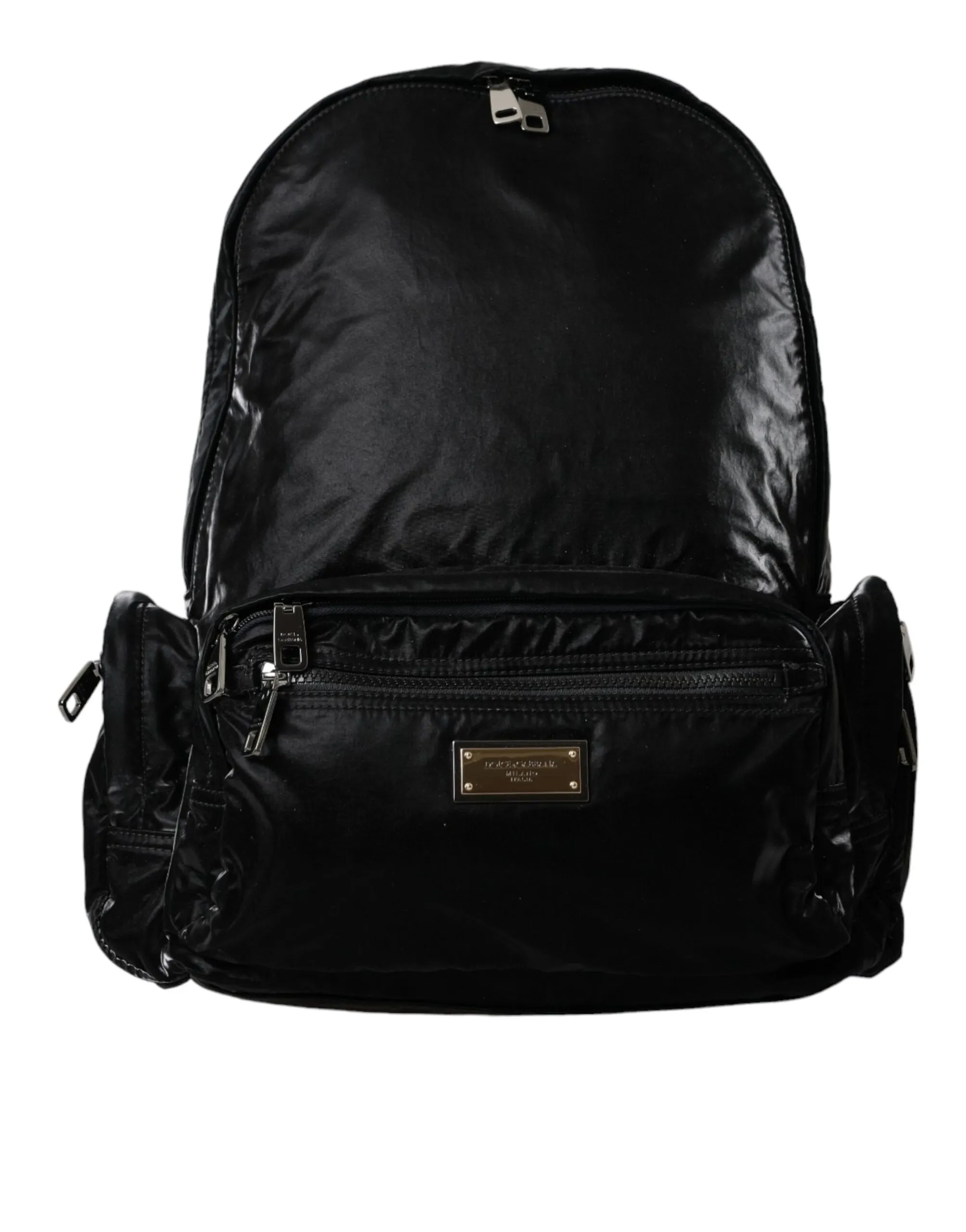 Dolce & Gabbana Men's Black Patent Leather Logo Plaque Backpack Bag