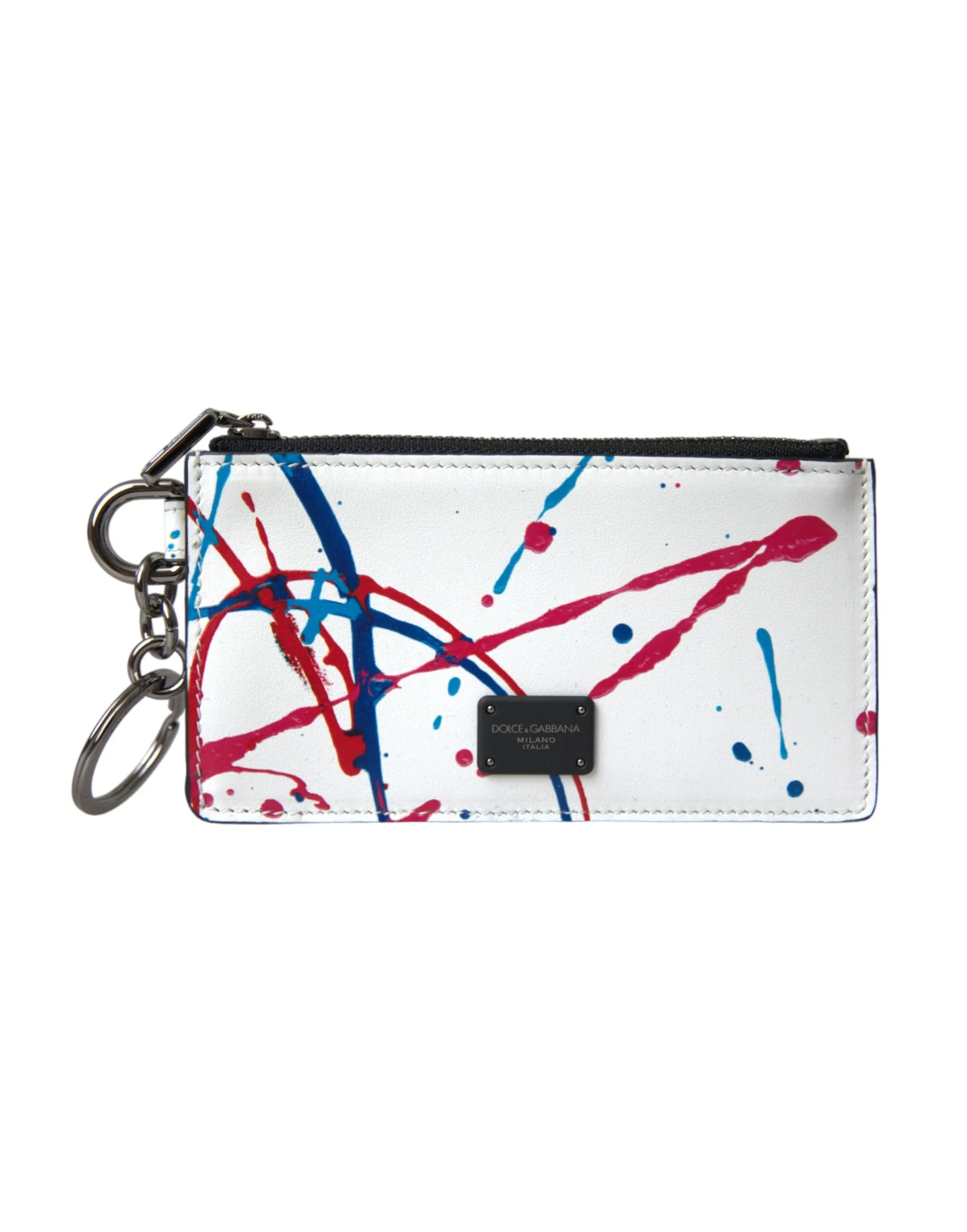 Dolce & Gabbana Men's White Leather Zip Logo Keyring Cardholder Purse Wallet