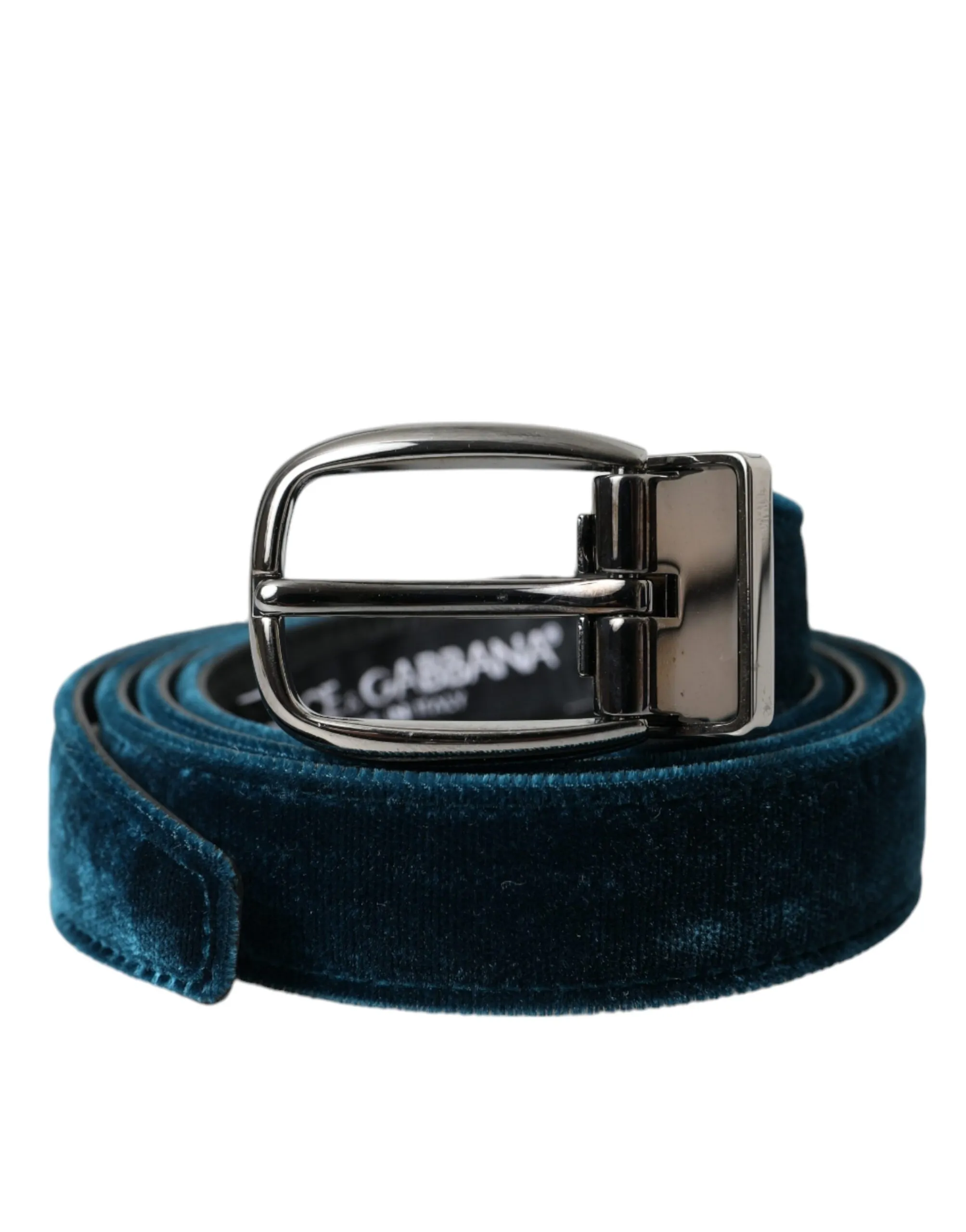 Dolce & Gabbana Men's Blue Velvet Leather Silver Metal Buckle Belt