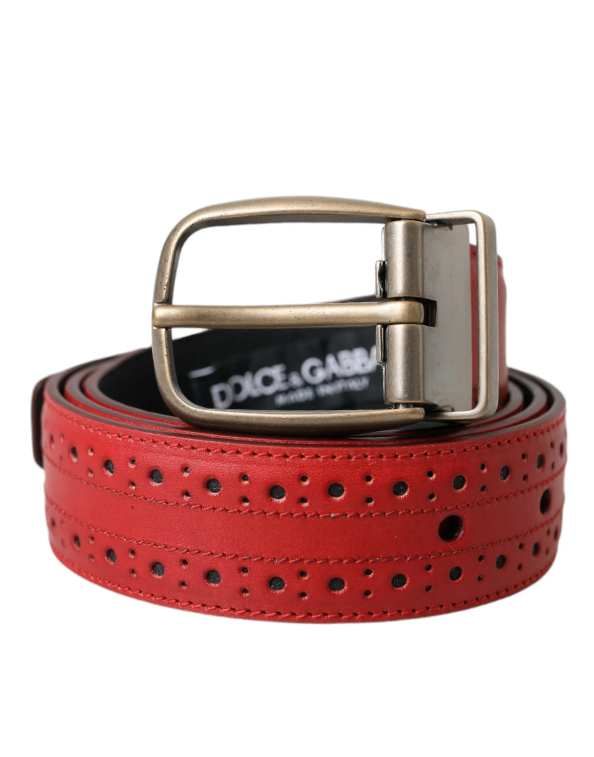 Dolce & Gabbana Men's Red Perforated Leather Metal Buckle Belt Men