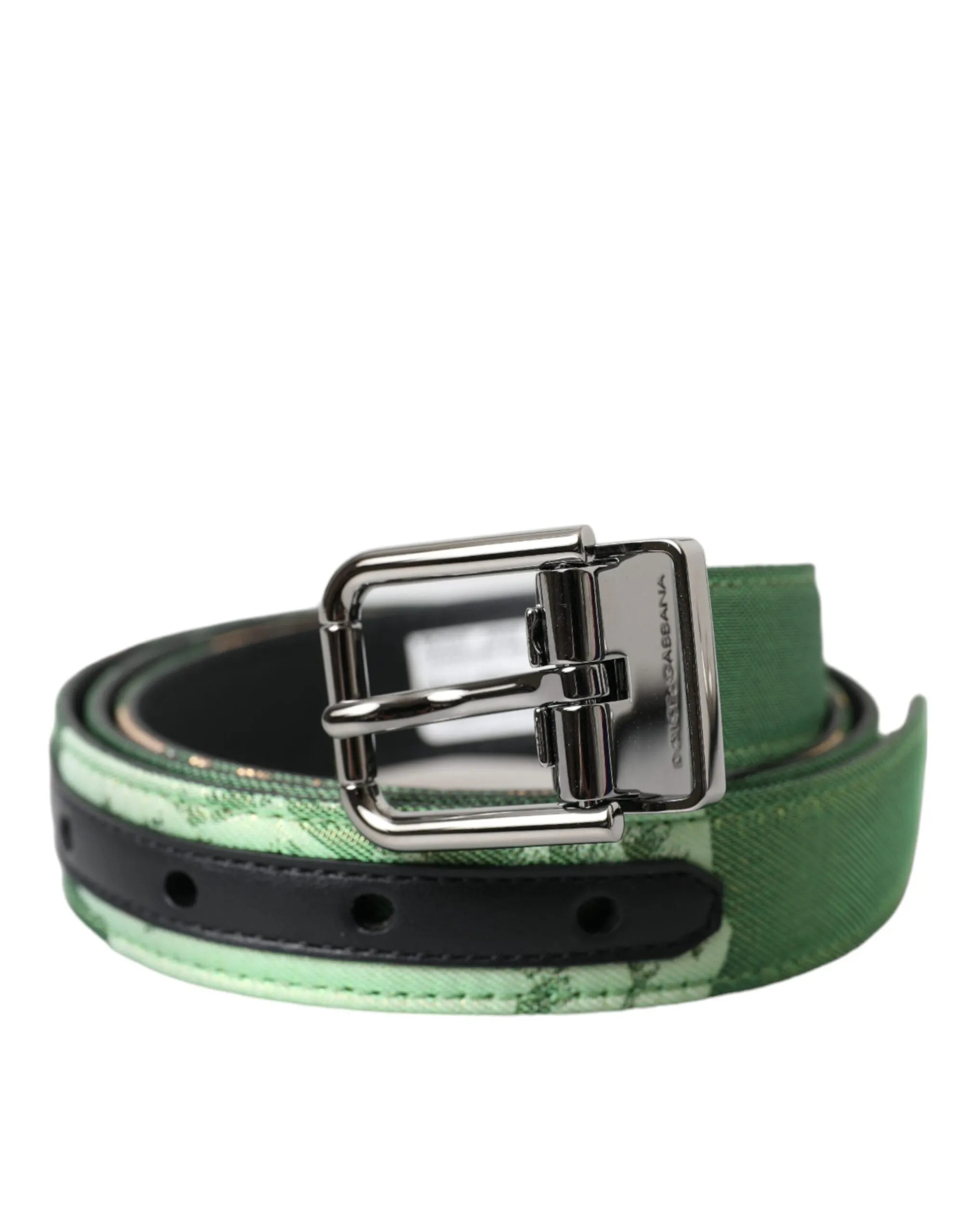 Dolce & Gabbana Men's Green Leather Jacquard Silver Metal Buckle Belt