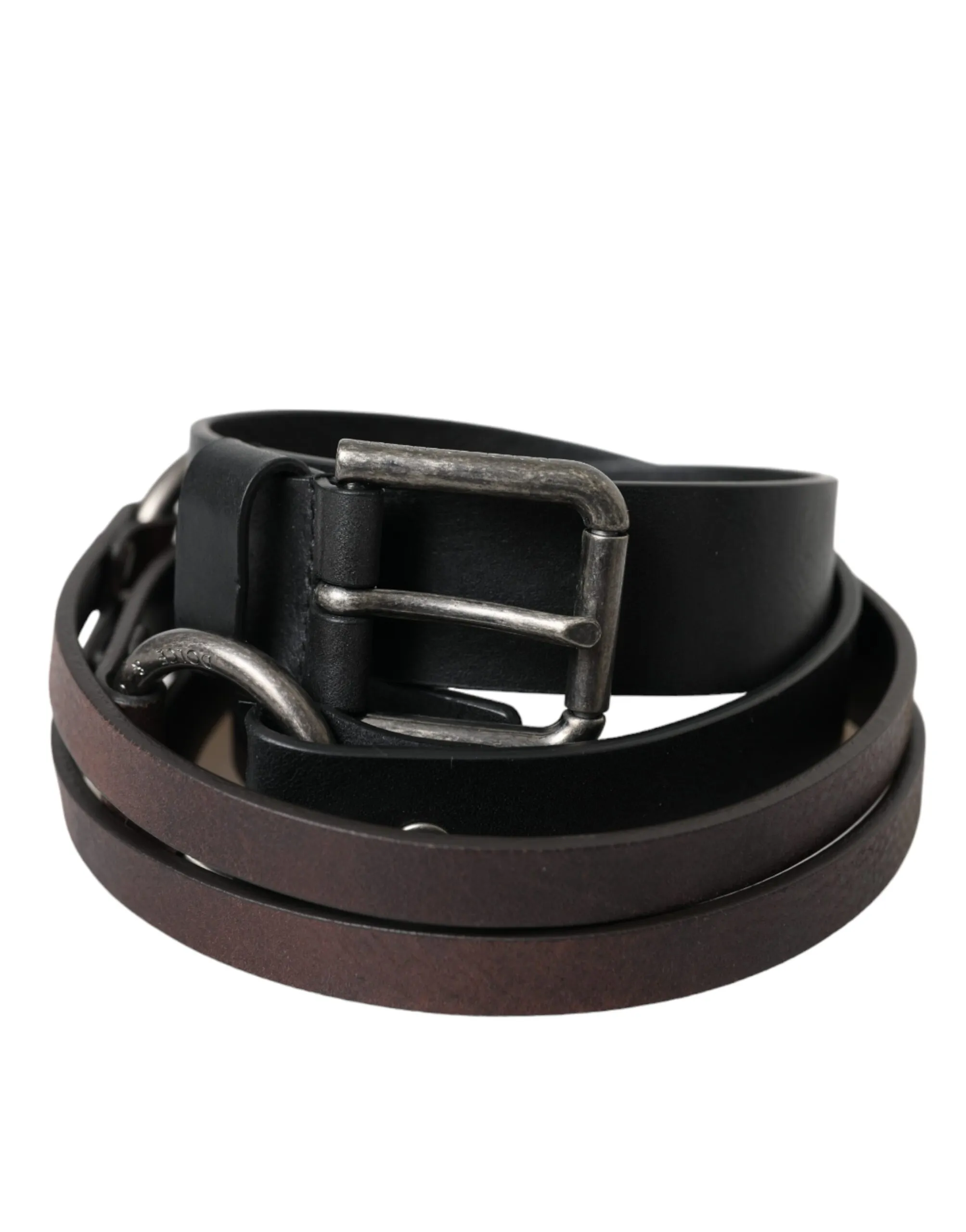 Dolce & Gabbana Men's Black Brown Leather Silver Metal Buckle Belt
