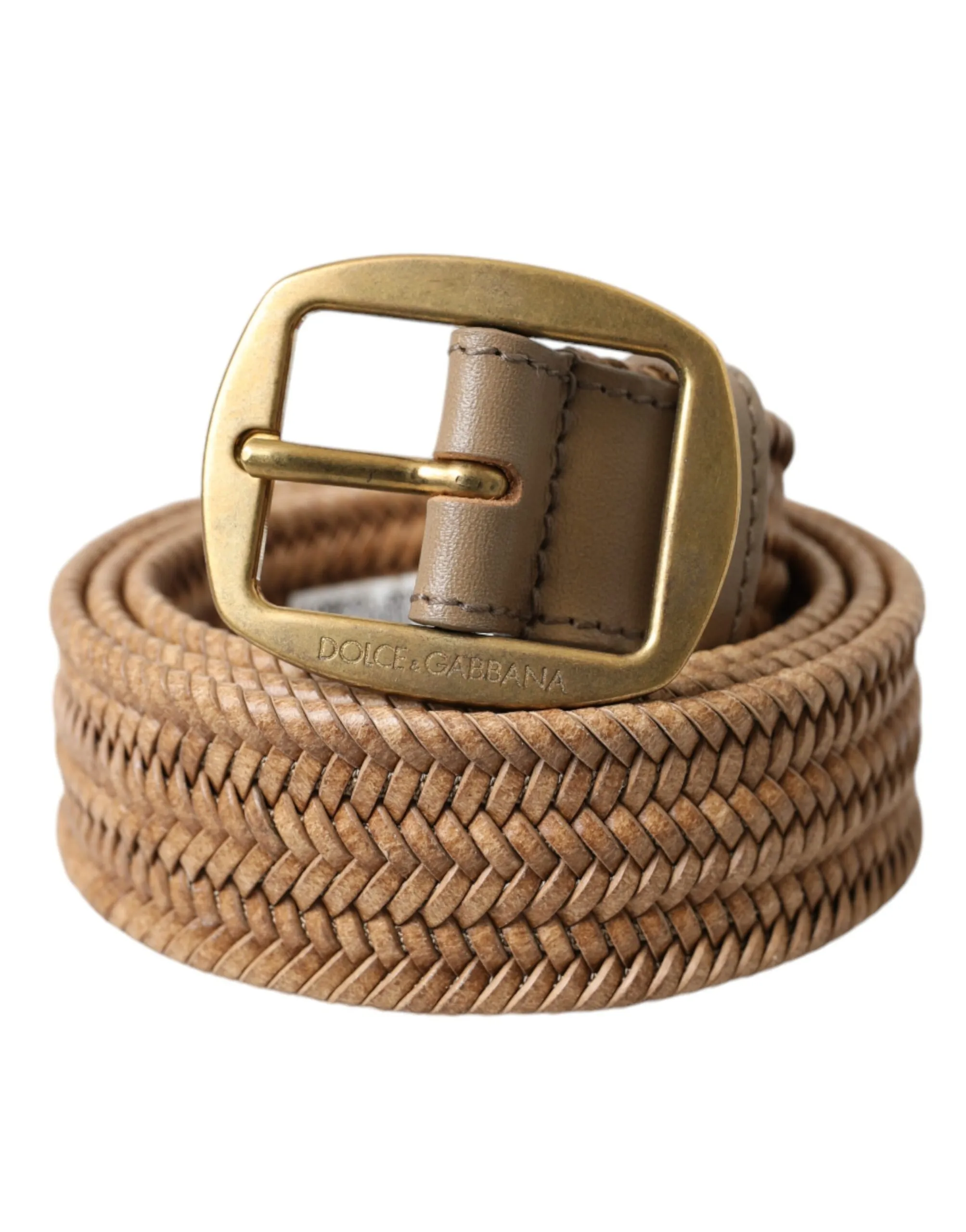 Dolce & Gabbana Men's Beige Raffia Braided Gold Metal Buckle Belt