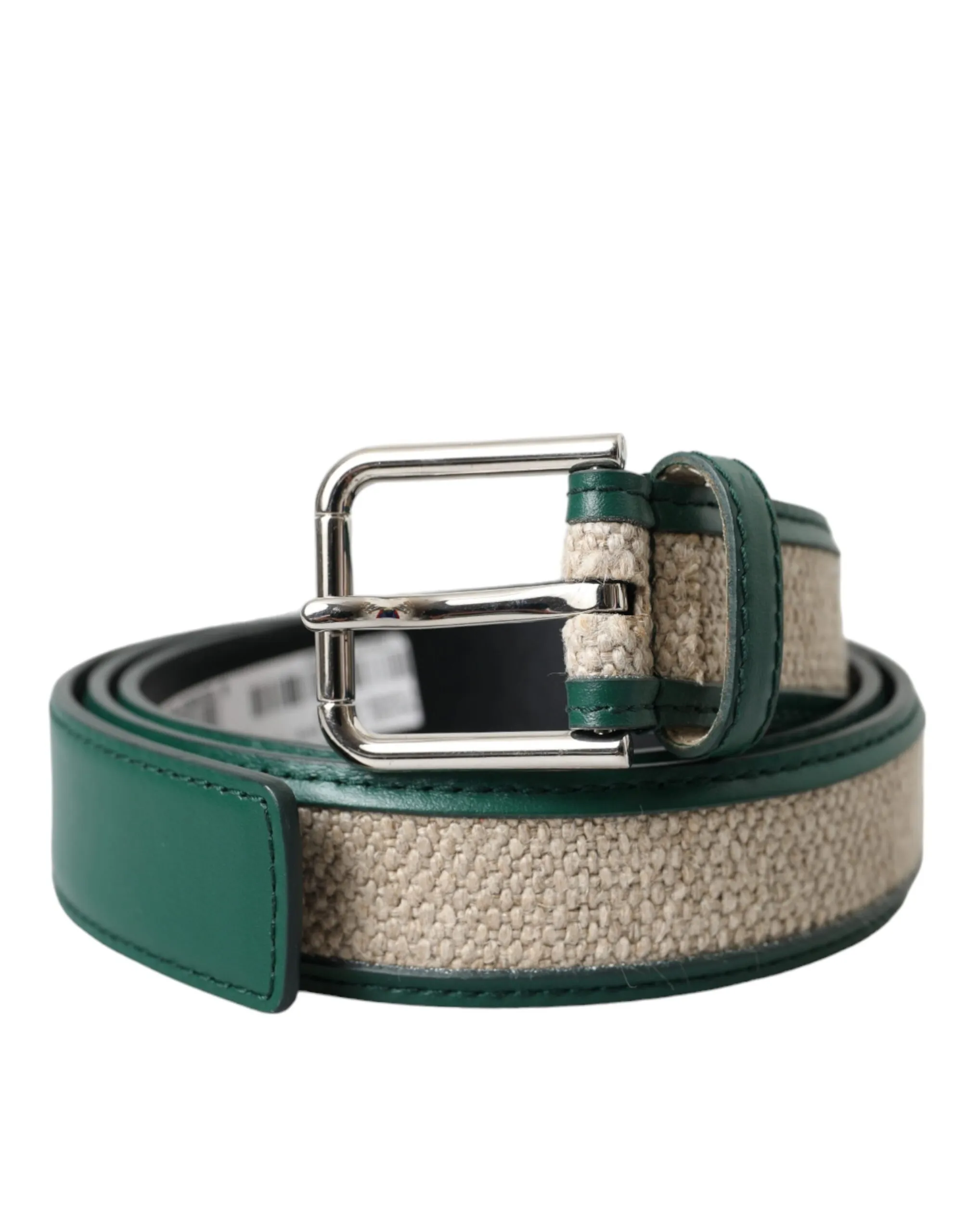 Dolce & Gabbana Men's Green Beige Leather Weaved Metal Buckle Belt