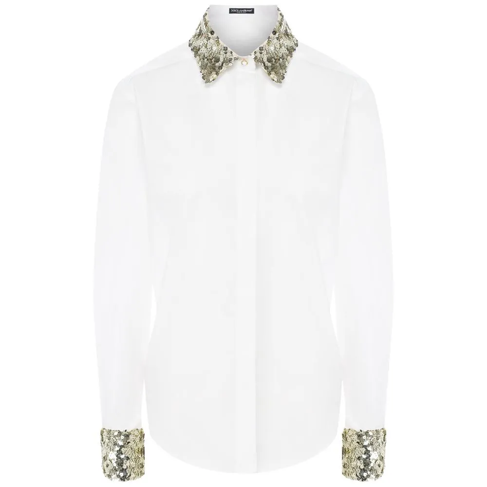 Dolce & Gabbana White Cotton Women Shirt with Sequin Accents