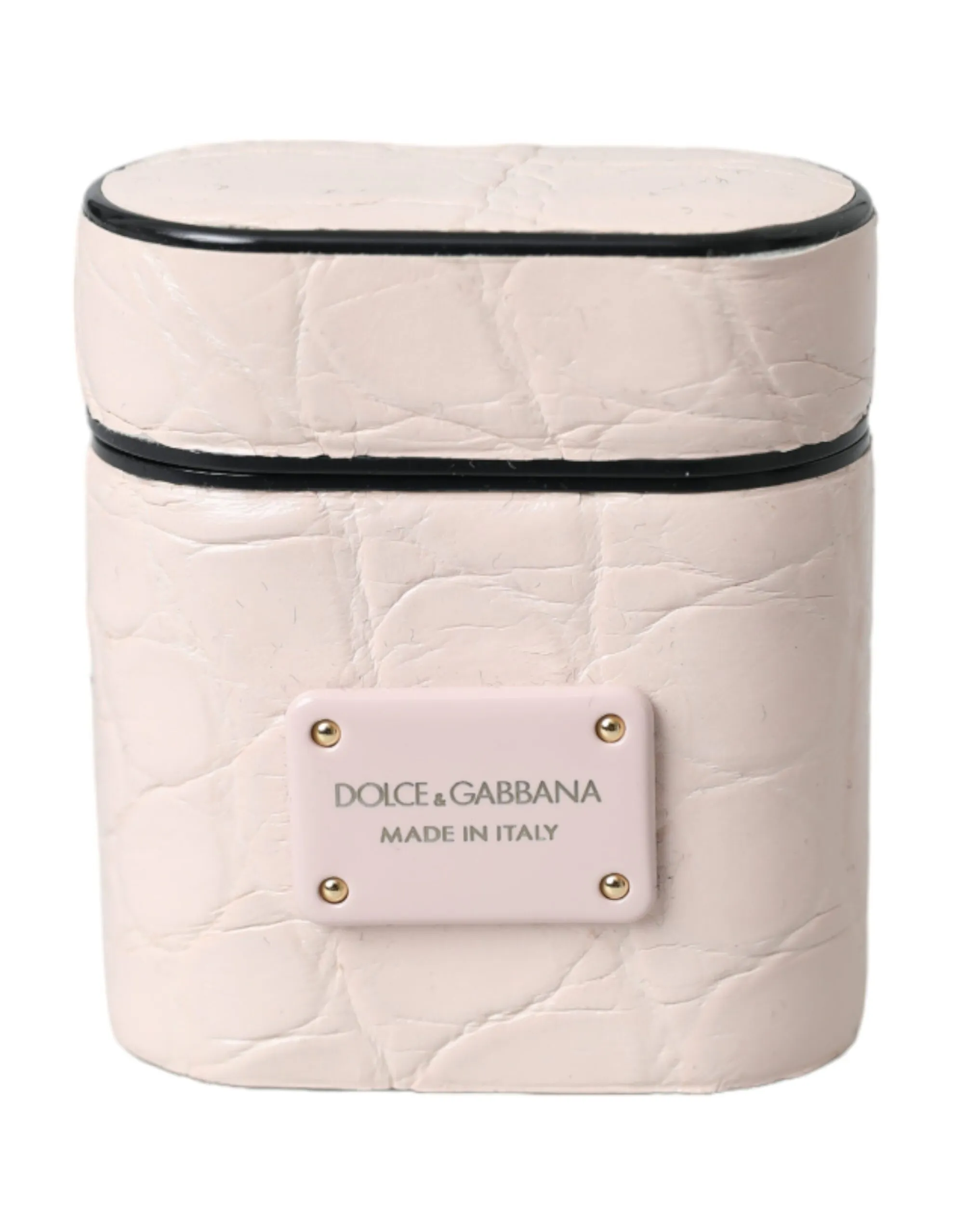 Dolce & Gabbana Women's Light Pink Leather Metal Logo Plaque Airpods Case
