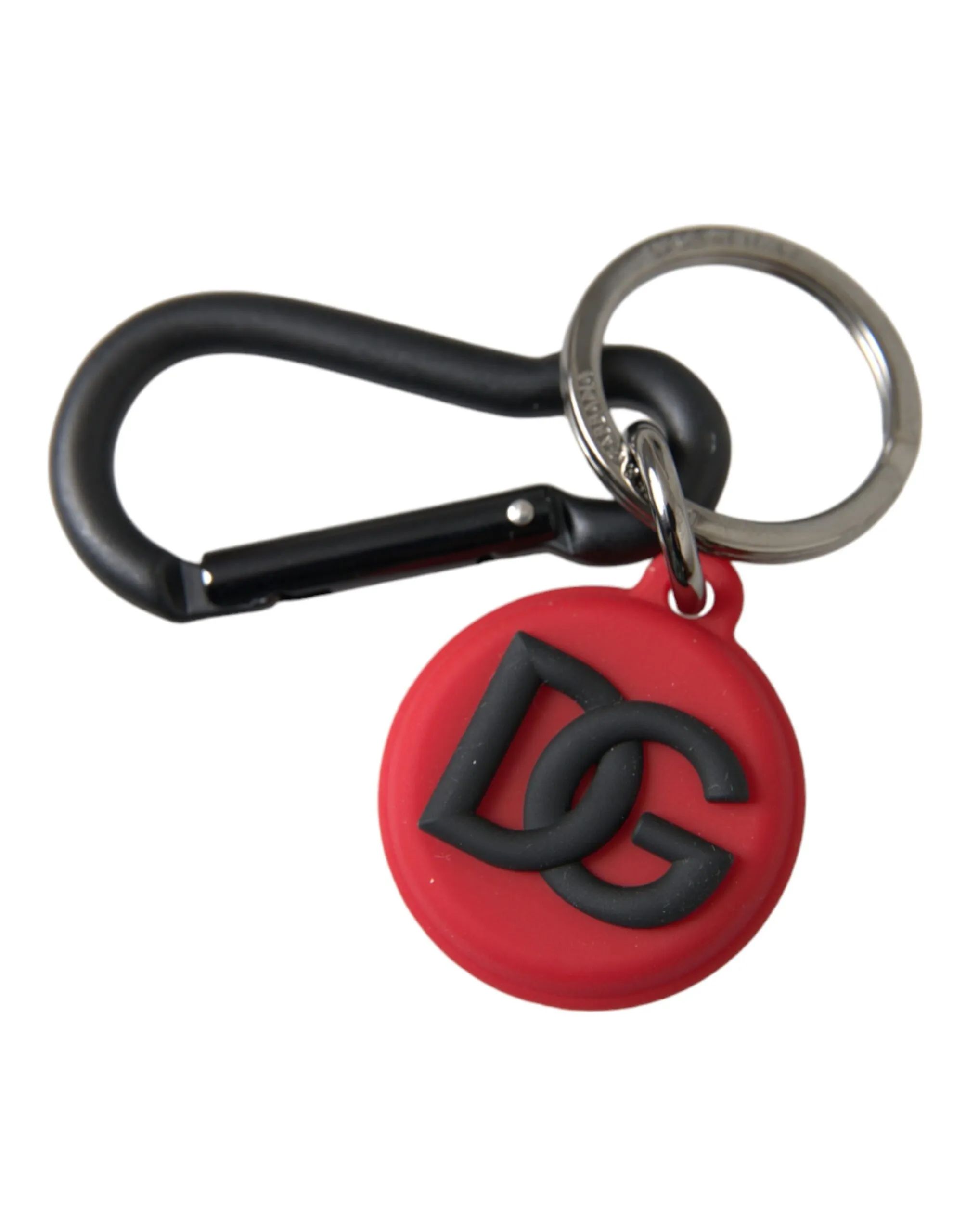 Dolce & Gabbana Men's Red Rubber DG Logo Round Metal Brass Keyring Keychain