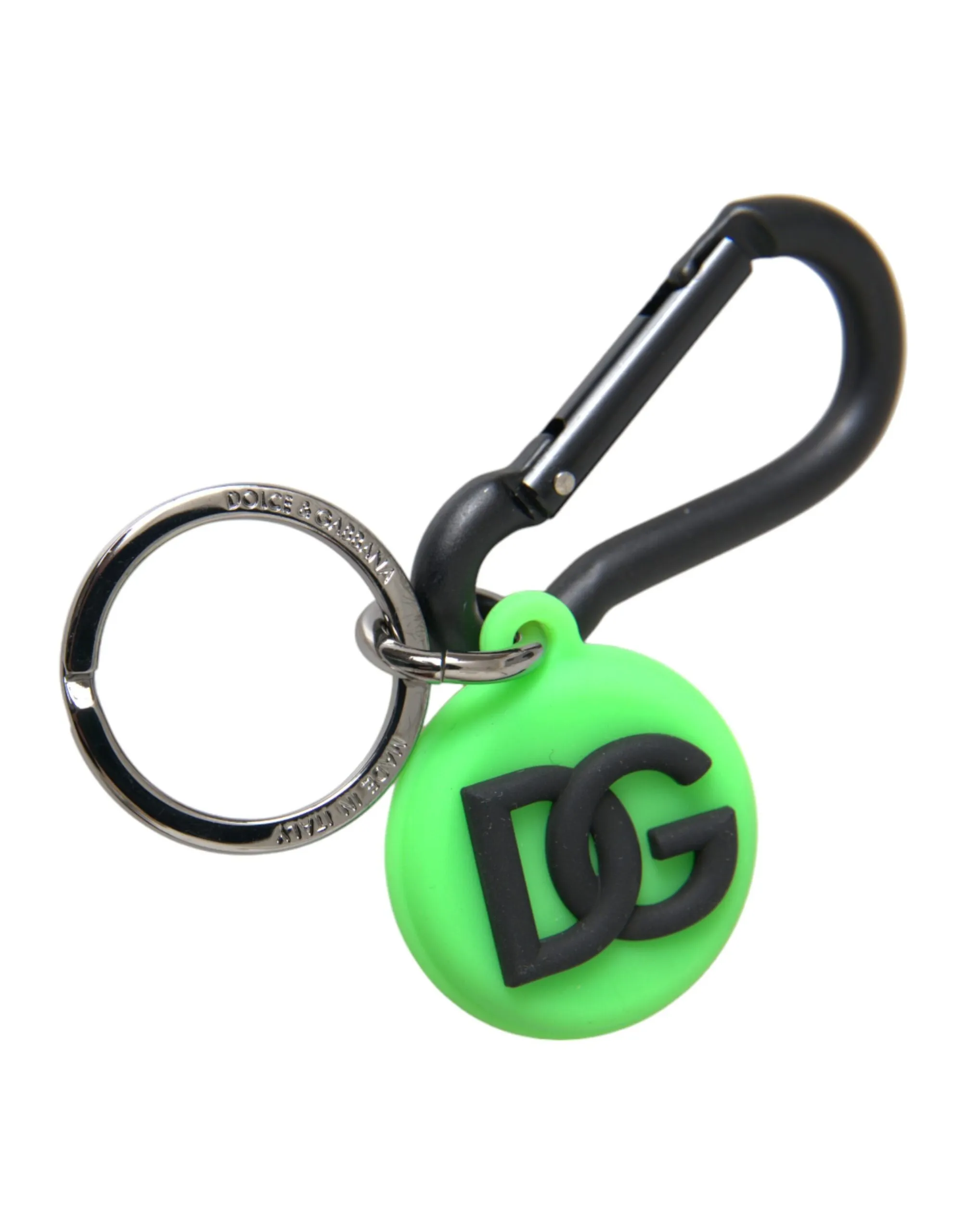 Dolce & Gabbana Men's Green Rubber DG Logo Round Brass Metal Keyring Keychain