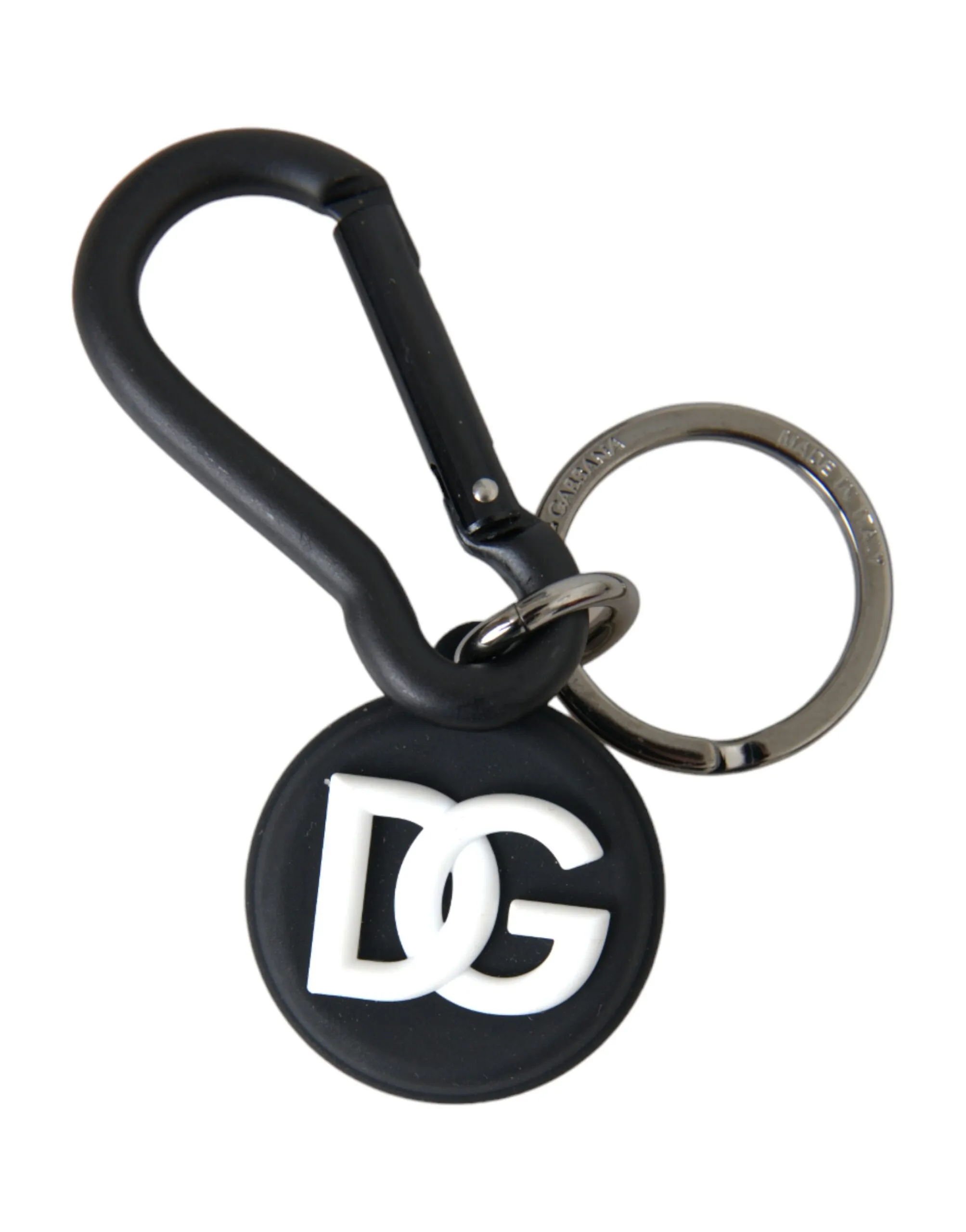 Dolce & Gabbana Men's Black White Rubber DG Logo Round Metal Keyring Keychain