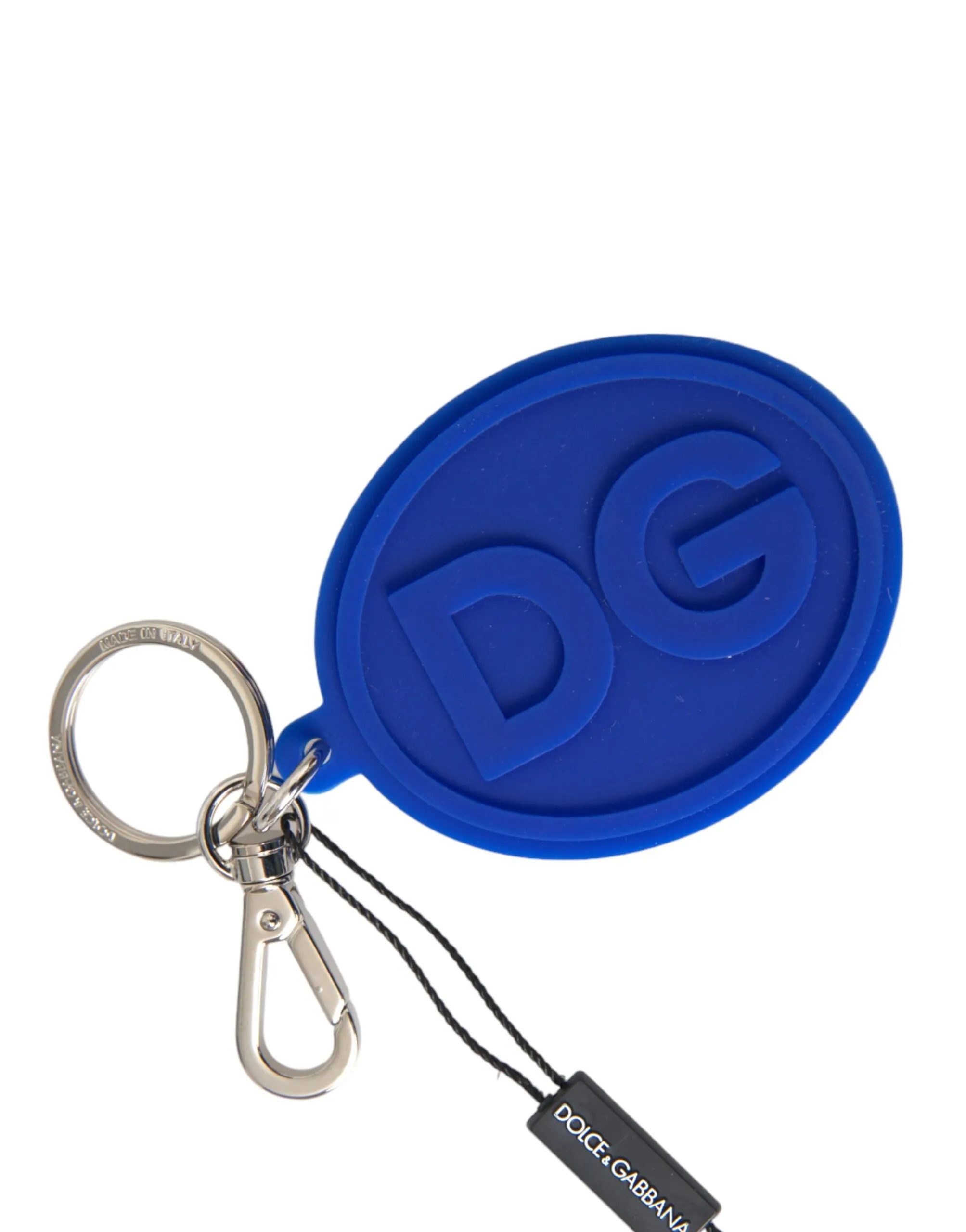 Dolce & Gabbana Men's Blue Rubber DG Logo Silver Brass Metal Keyring Keychain