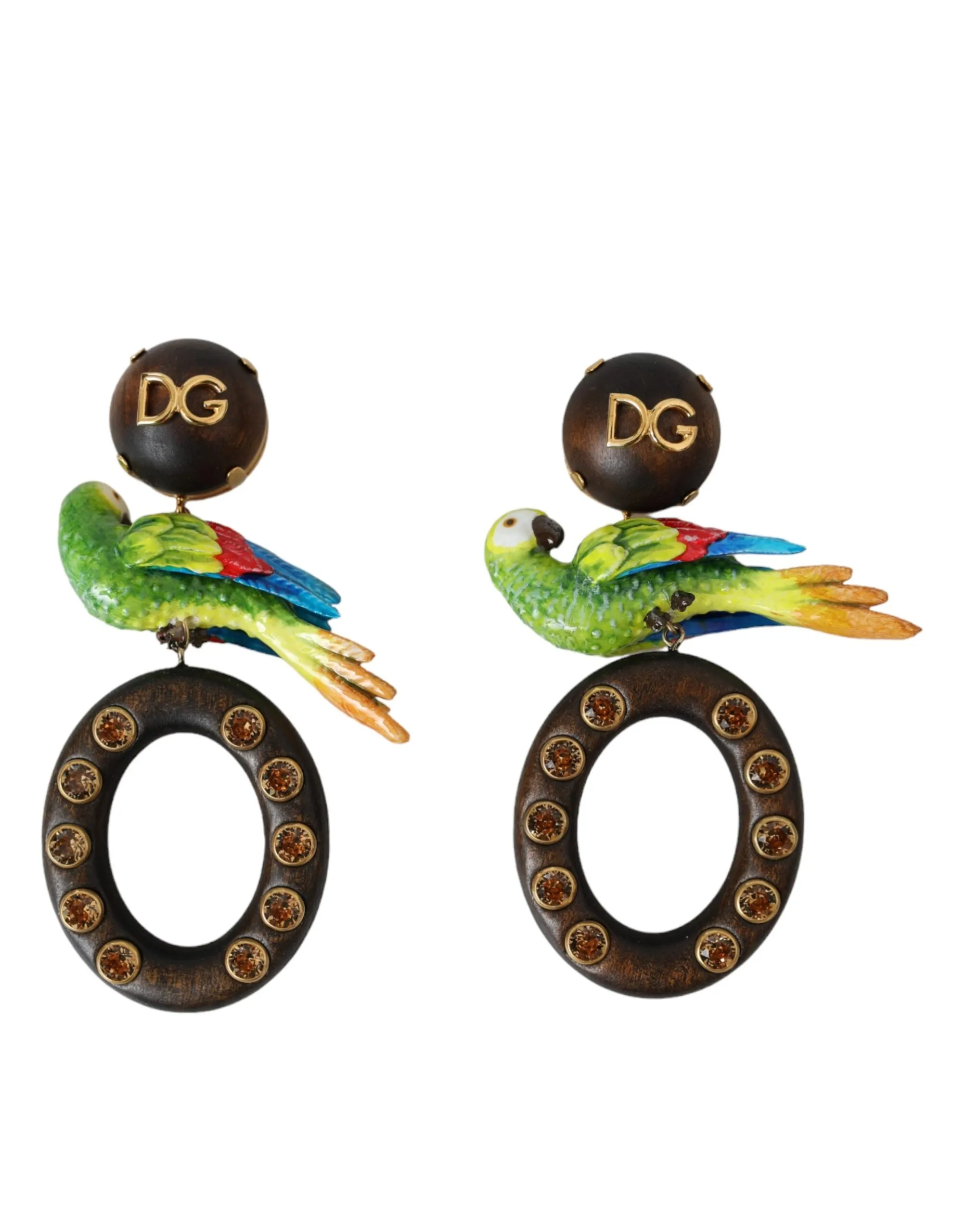 Dolce & Gabbana Women's Multicolor Parrot Wood Brass Crystal Embellished Earrings