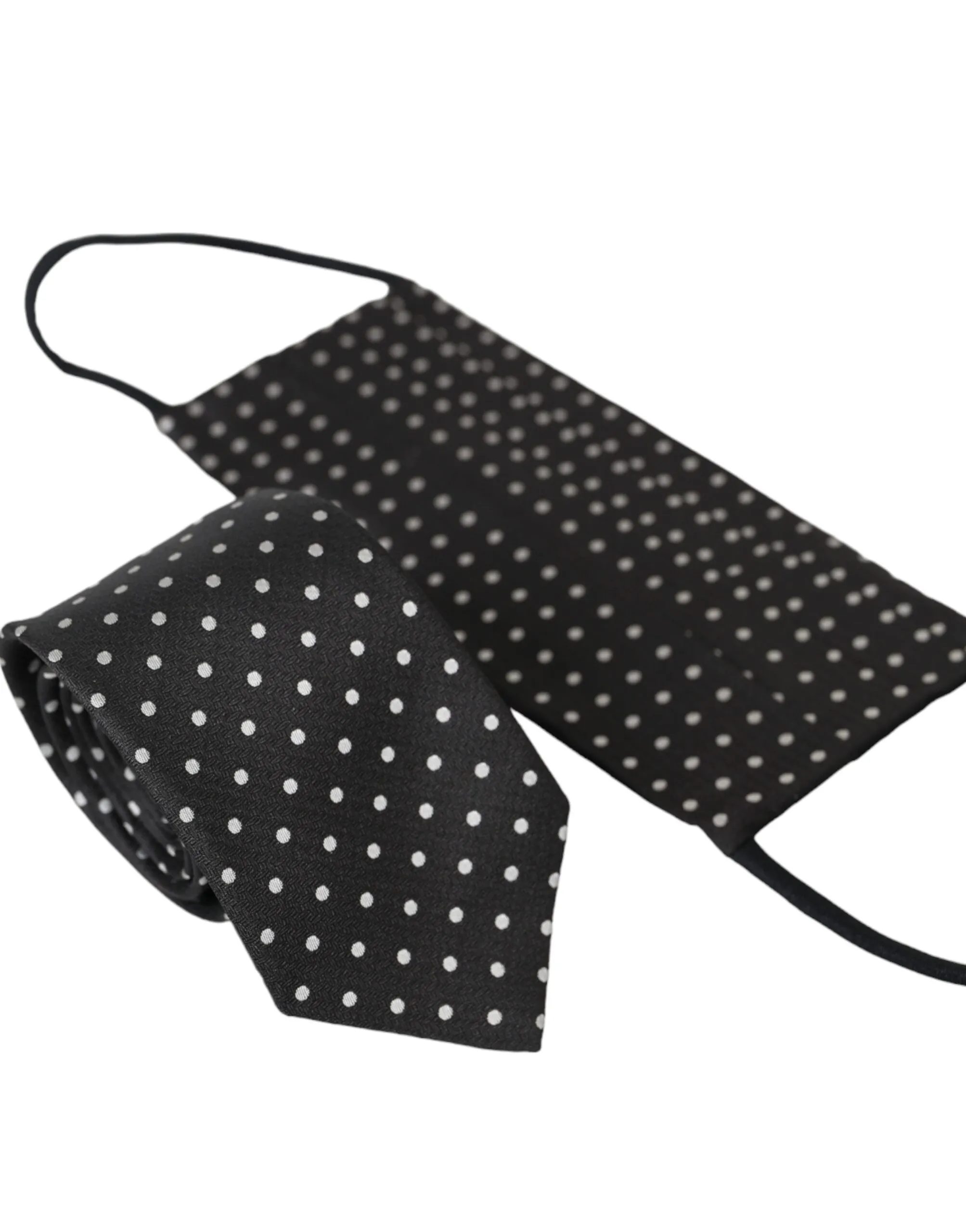 Dolce & Gabbana Men's Black White Polka Dots 100% Silk Necktie Face Mask