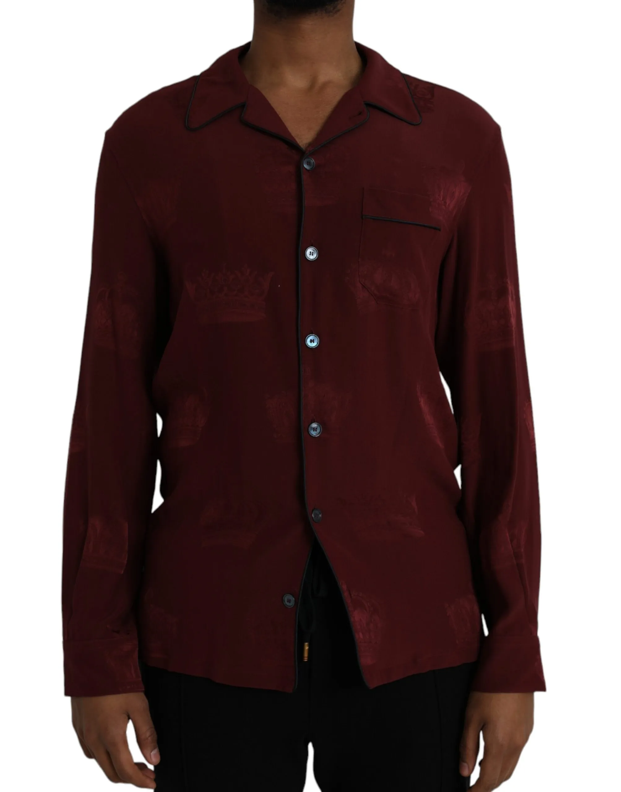 Dolce & Gabbana Men's Maroon Crown Jacquard Silk Long Sleeve Shirt