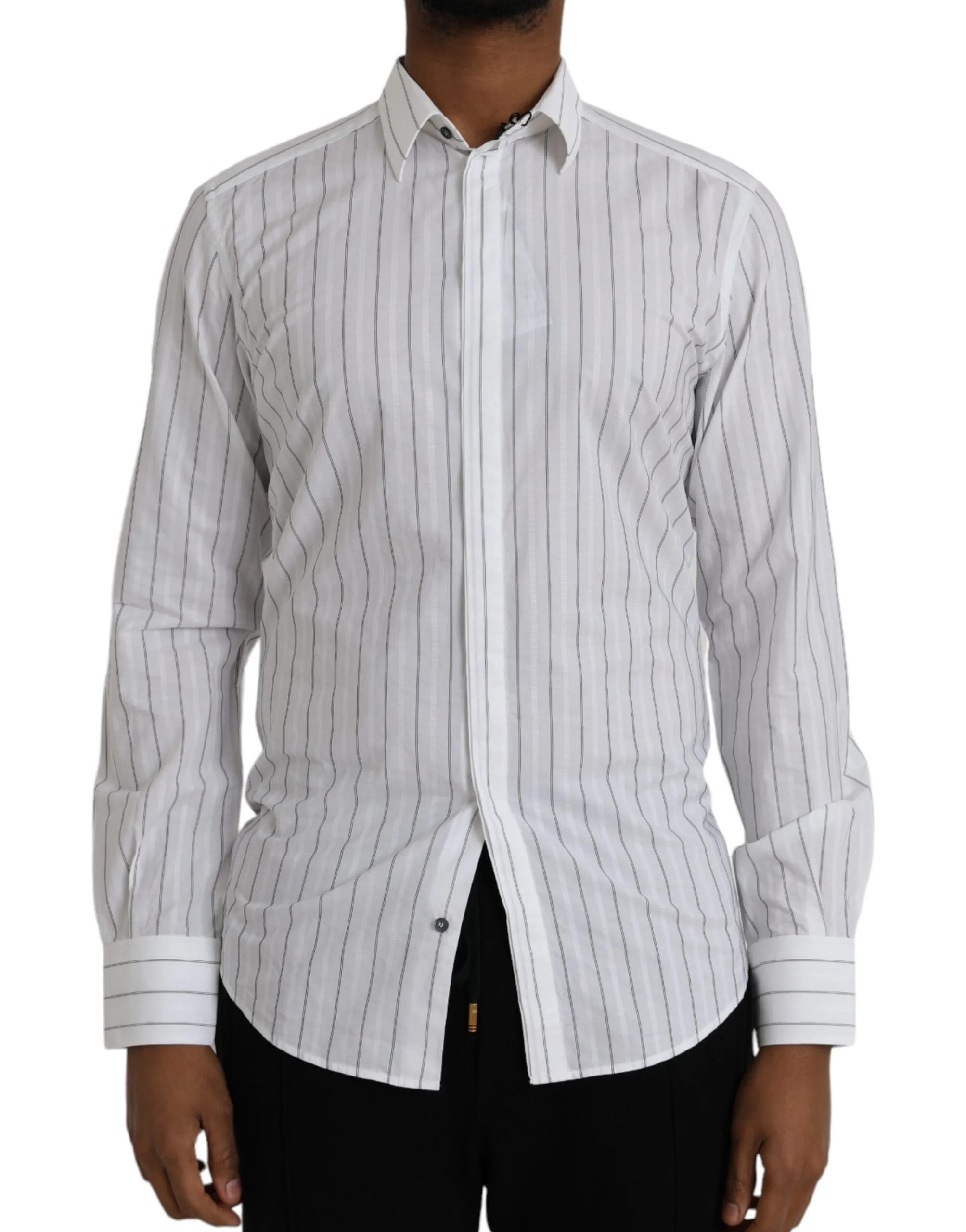 Dolce & Gabbana Men's Black White Striped Formal Dress GOLD Shirt