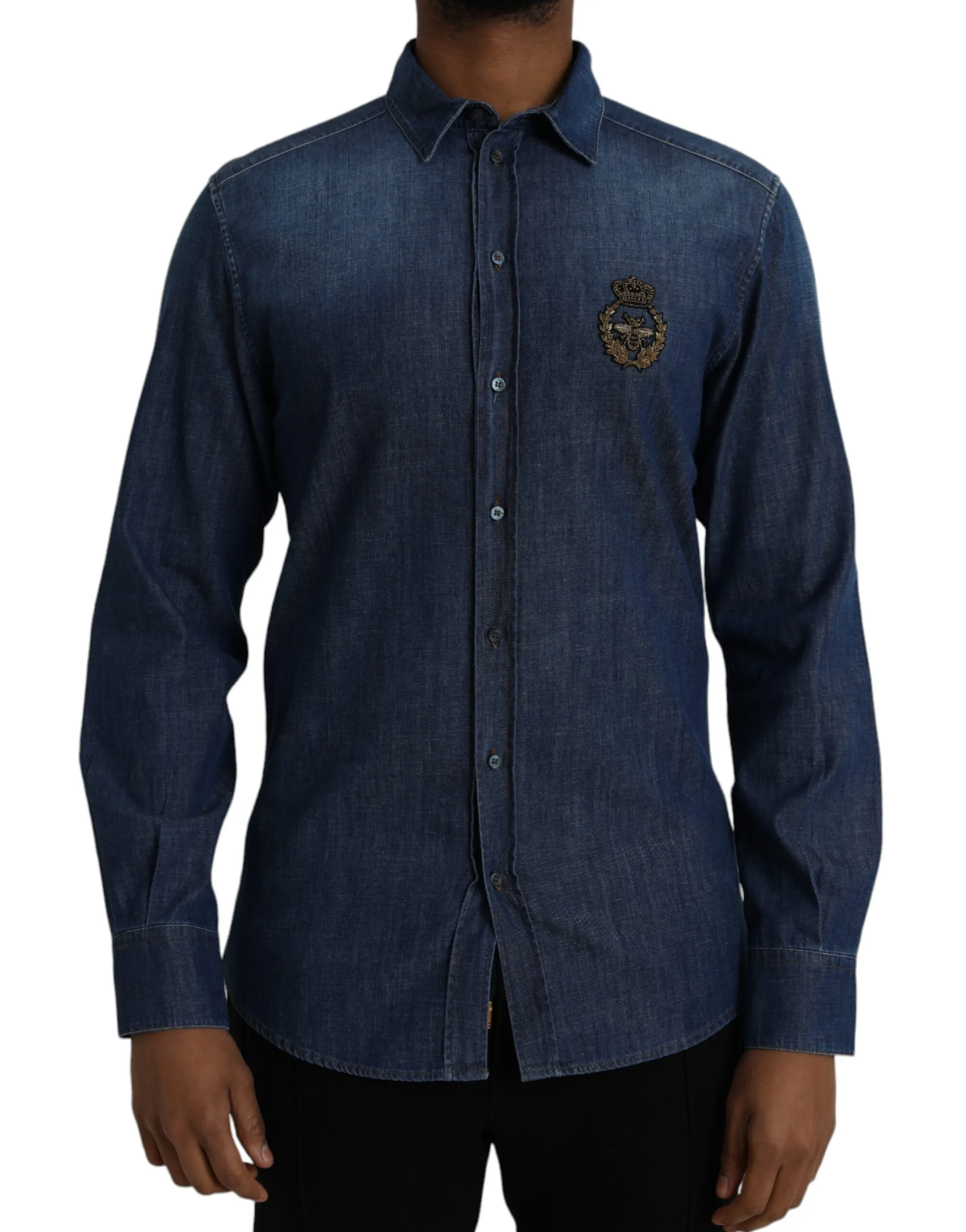 Dolce & Gabbana Men's Blue Crown Bee Cotton Denim GOLD Shirt