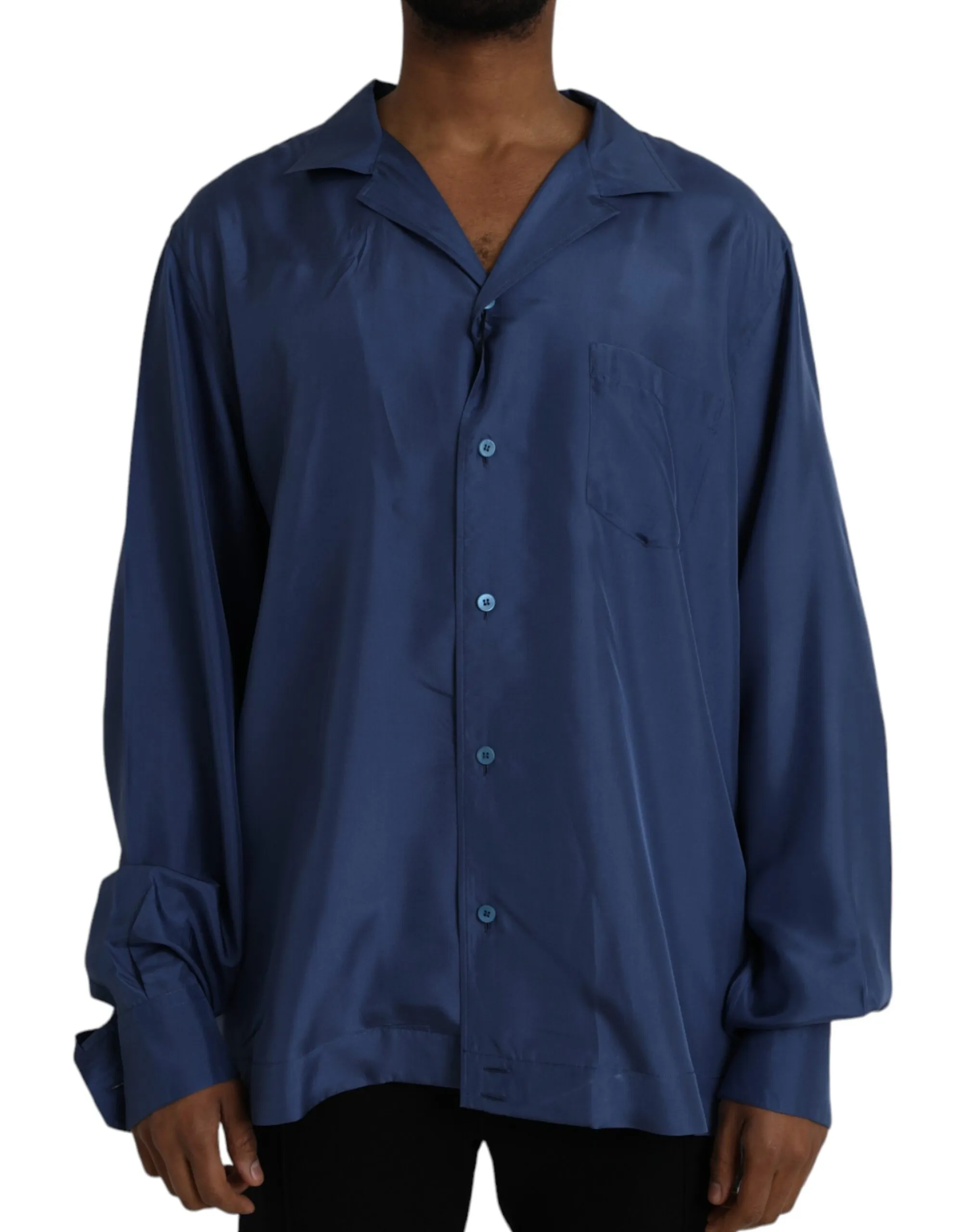 Dolce & Gabbana Men's Blue Silk Long Sleeve Lounge Casual Shirt