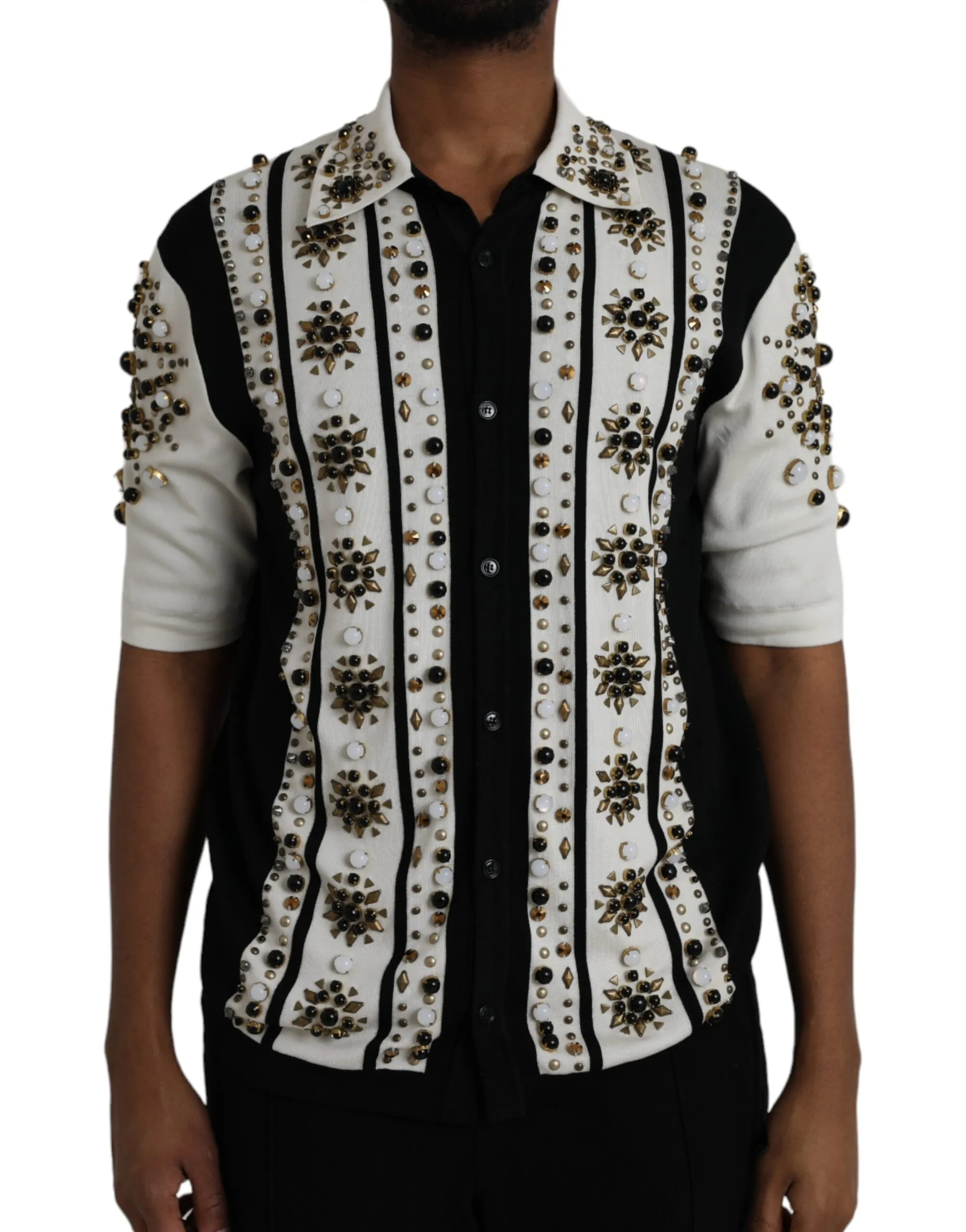 Dolce & Gabbana Men's White Black Silk Studded Stone Crystal Shirt