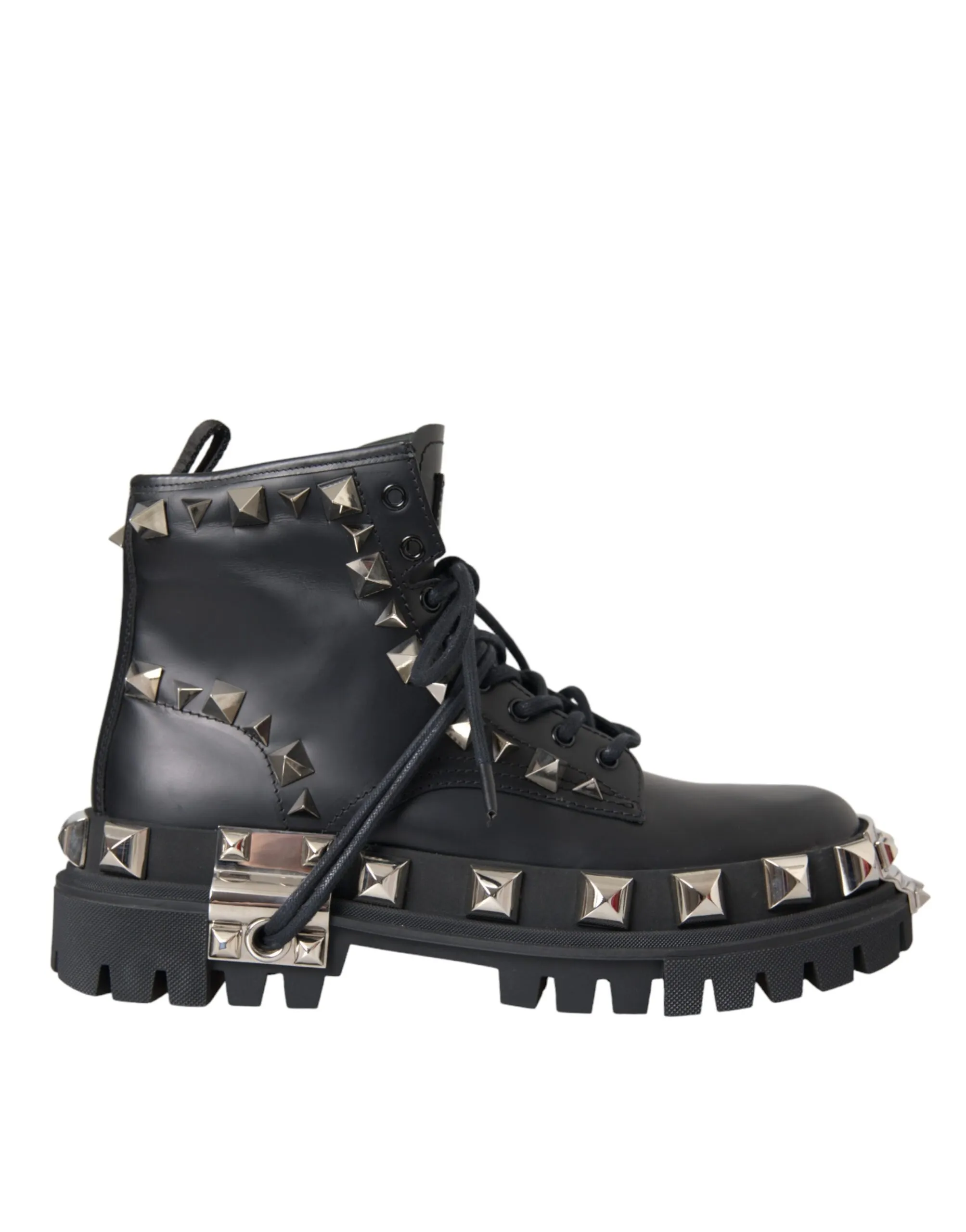 Dolce & Gabbana Men's Black Leather Studs Embellished Combat Boots Shoes